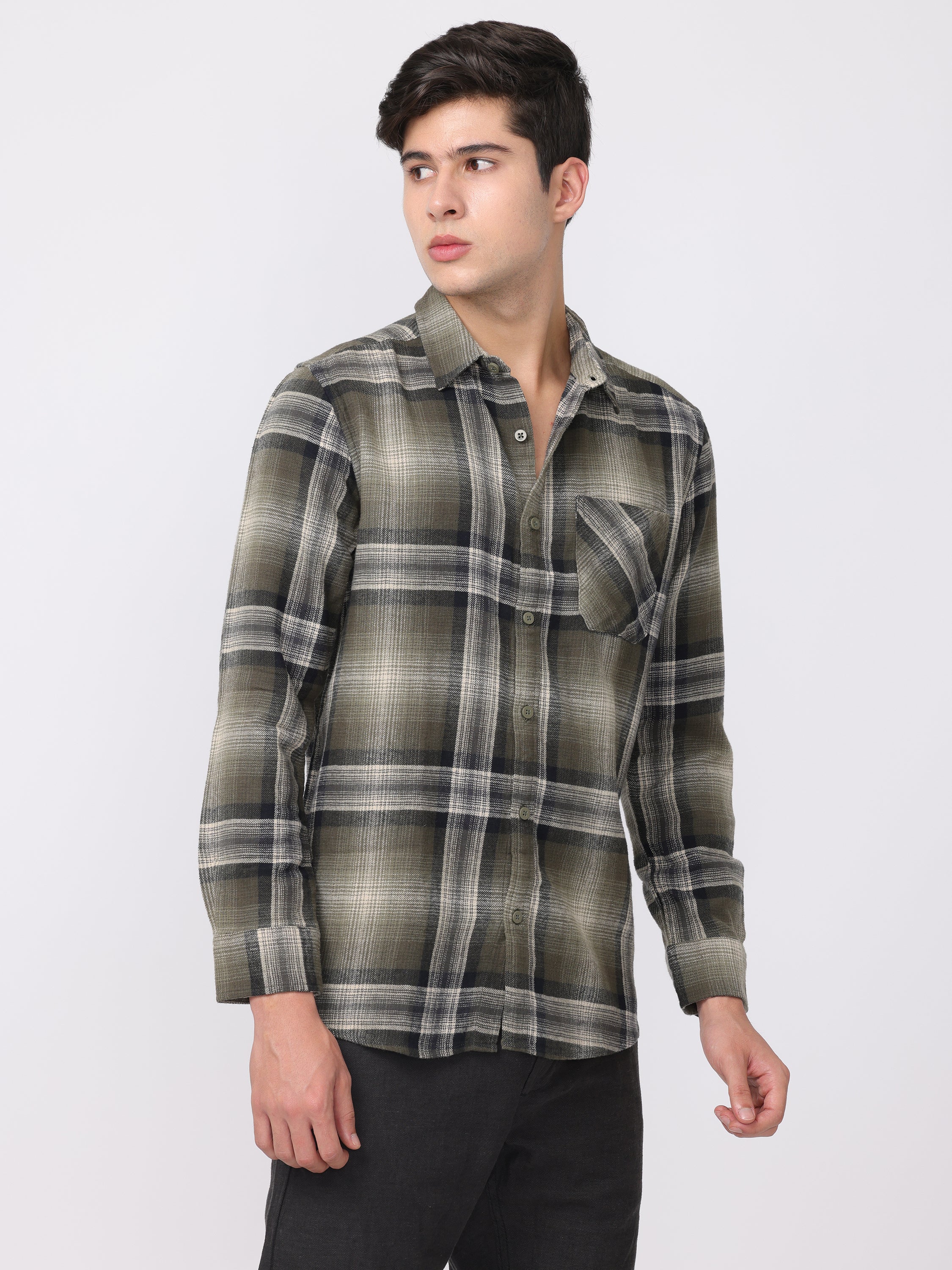 Men Olive Regular Fit Checked Shirt - Image 3