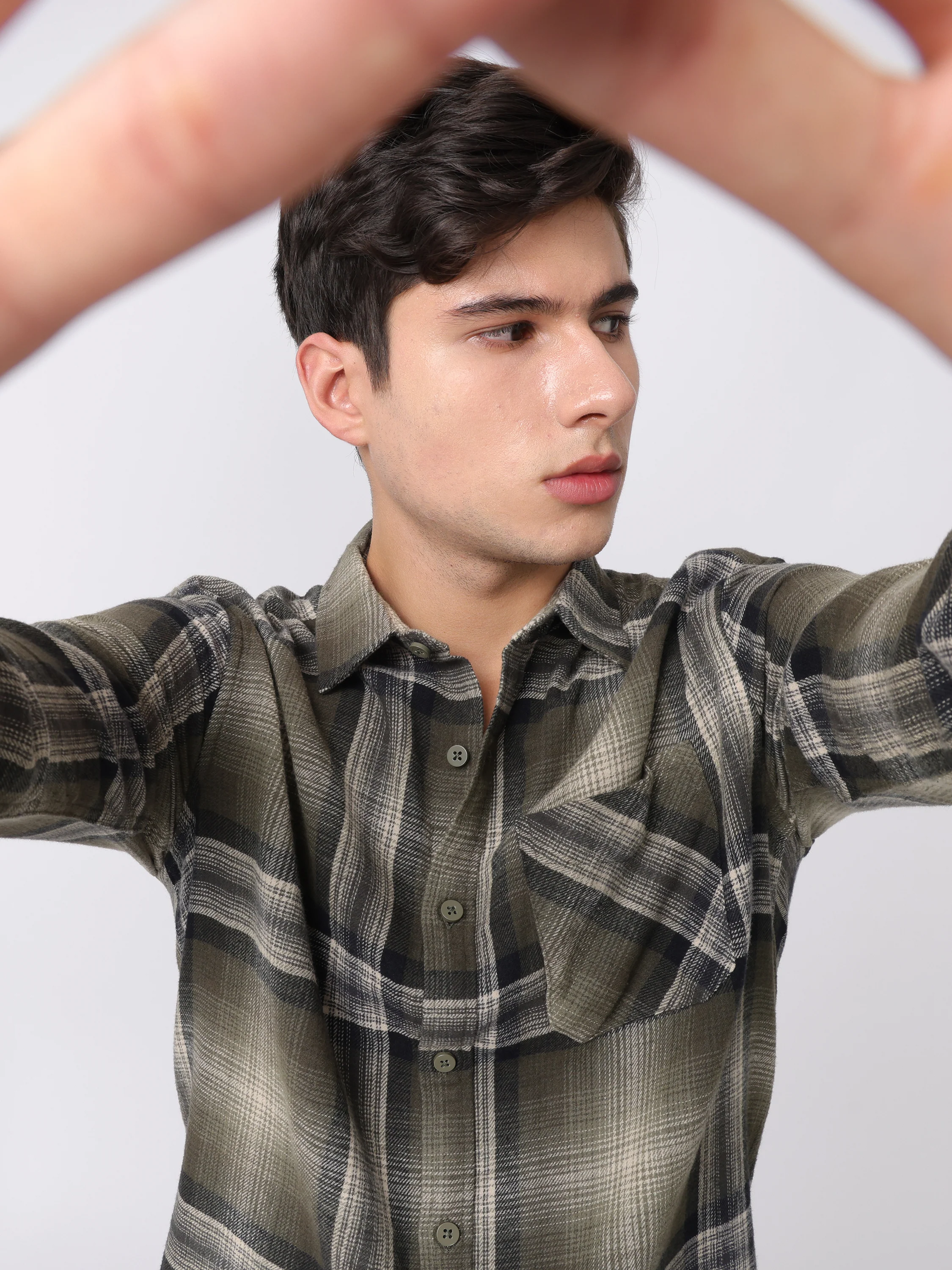 Men Olive Regular Fit Checked Shirt - Image 5