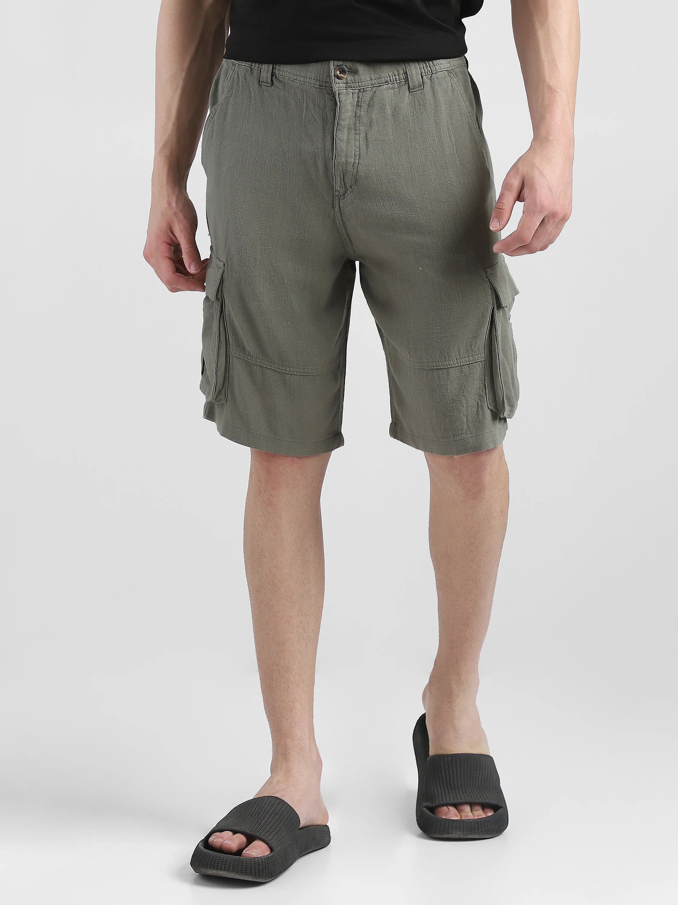 Men Olive Cargo Shorts - Image 2