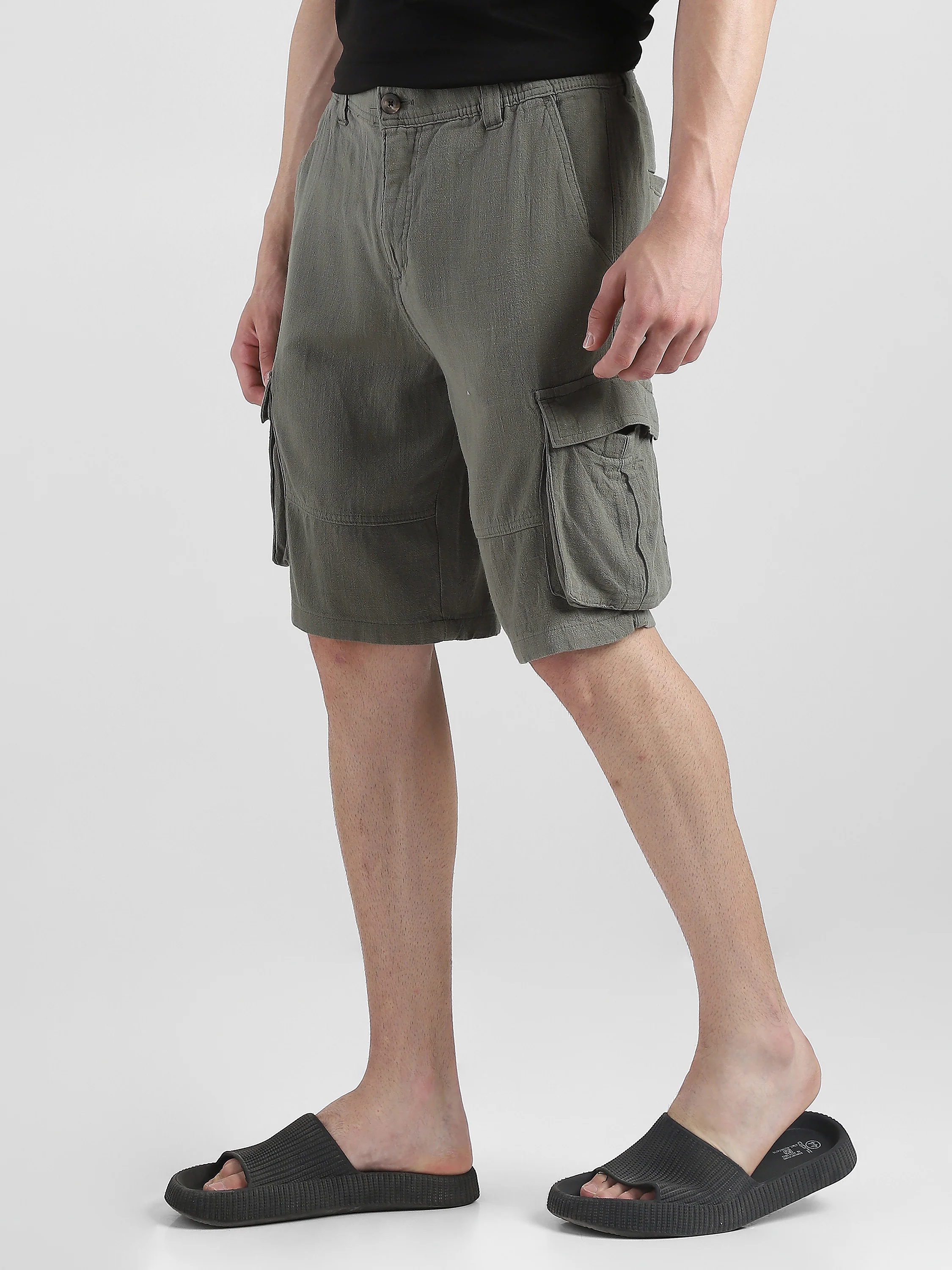 Men Olive Cargo Shorts - Image 3