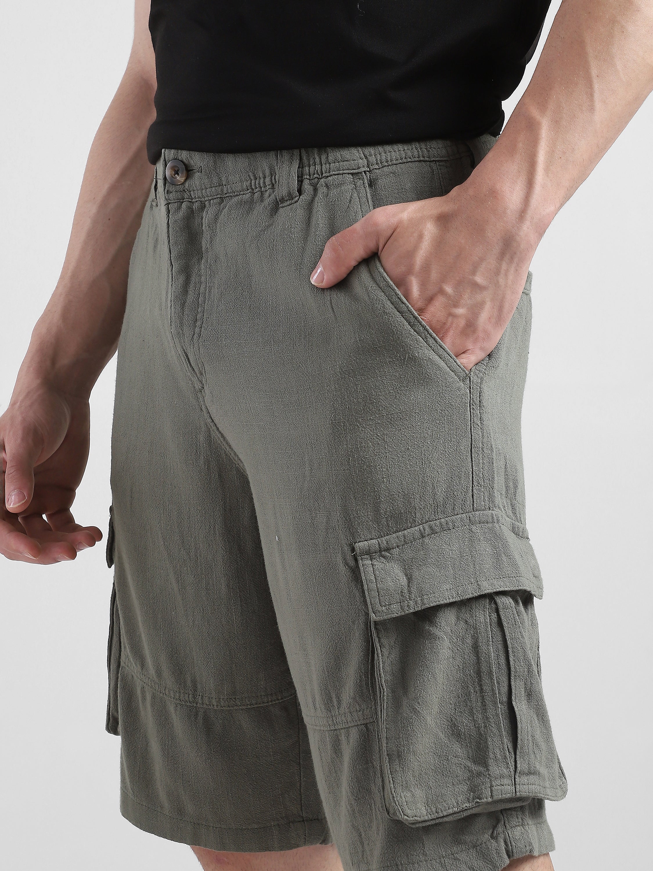 Men Olive Cargo Shorts - Image 6
