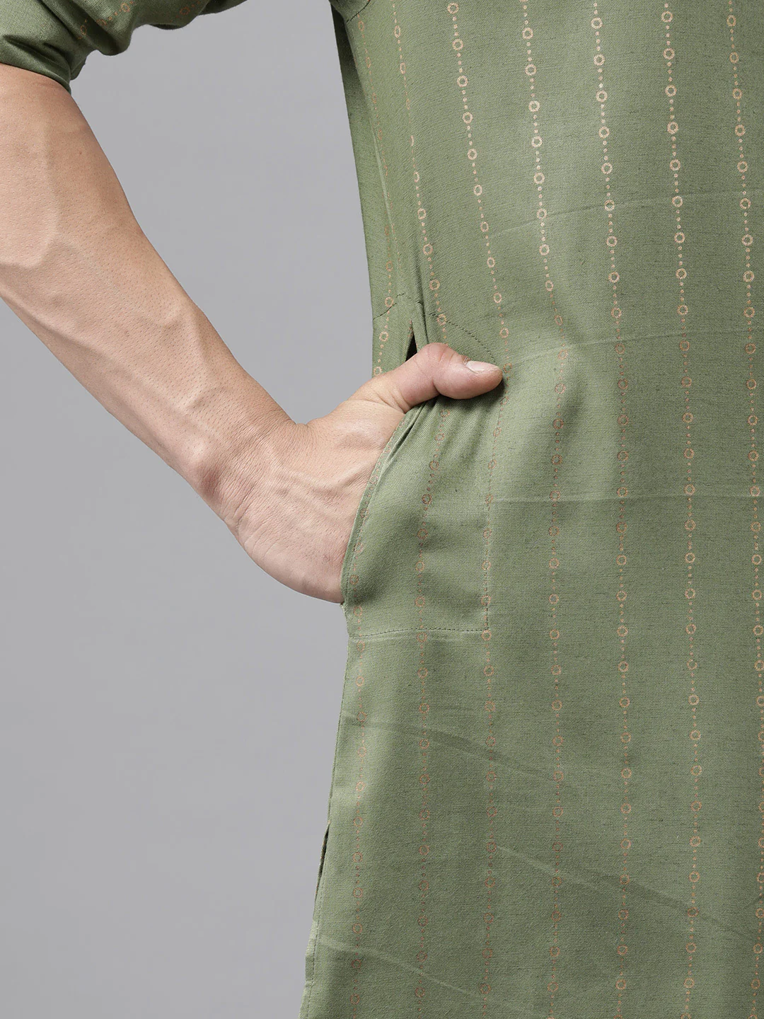 Men Olive Pure Cotton Pathani Kurta - Image 3