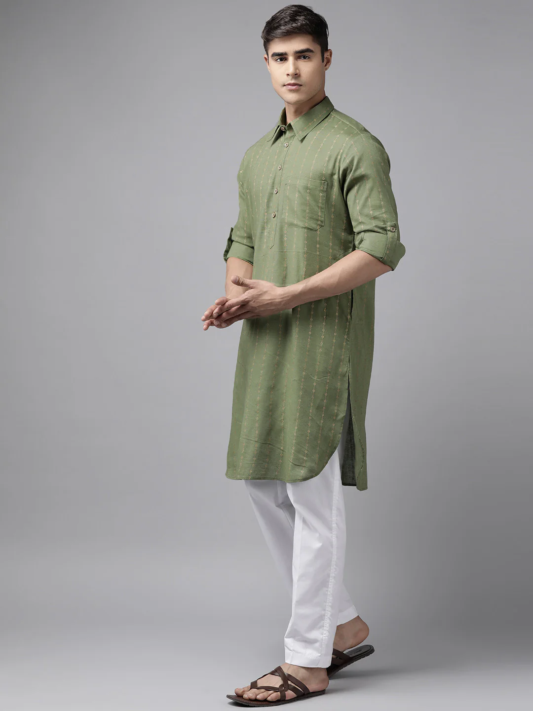 Men Olive Pure Cotton Pathani Kurta - Image 4