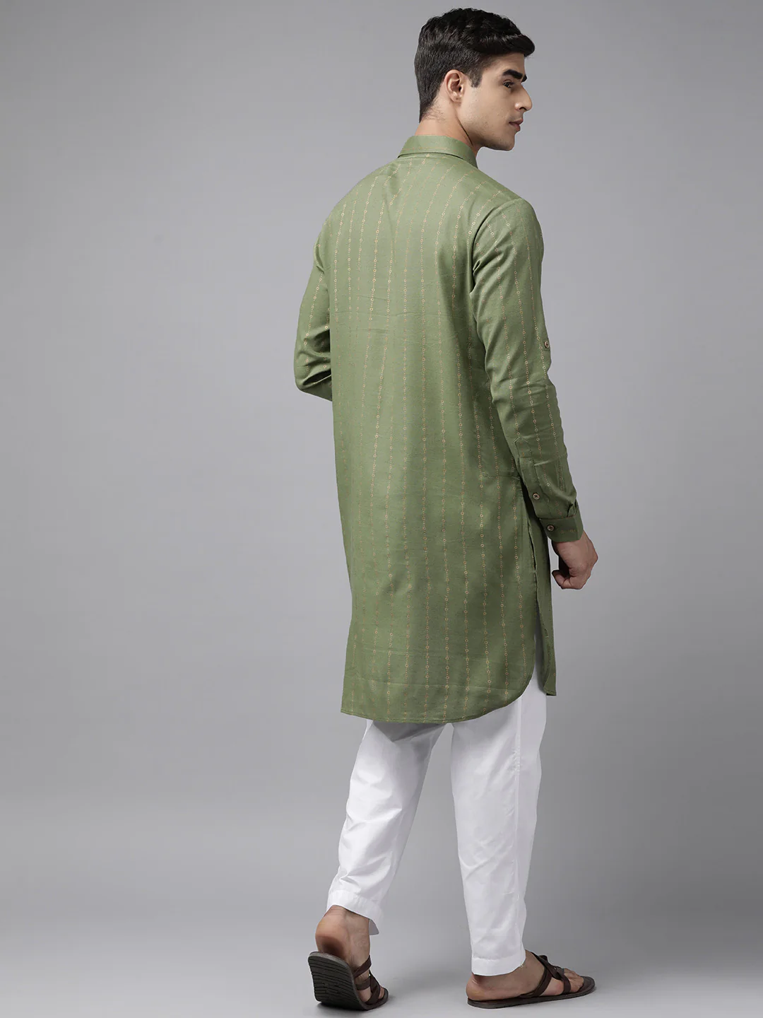 Men Olive Pure Cotton Pathani Kurta - Image 5