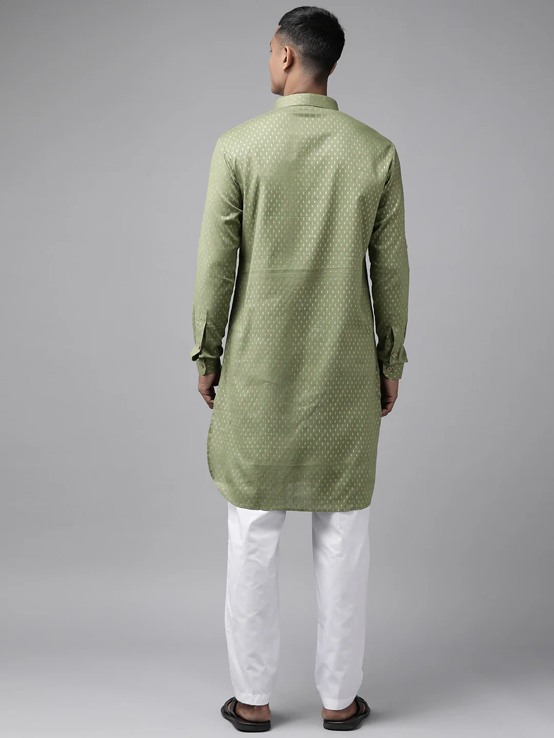 Men Olive Regular Pure Cotton Pathani Printed Men'S Kurta - Image 2