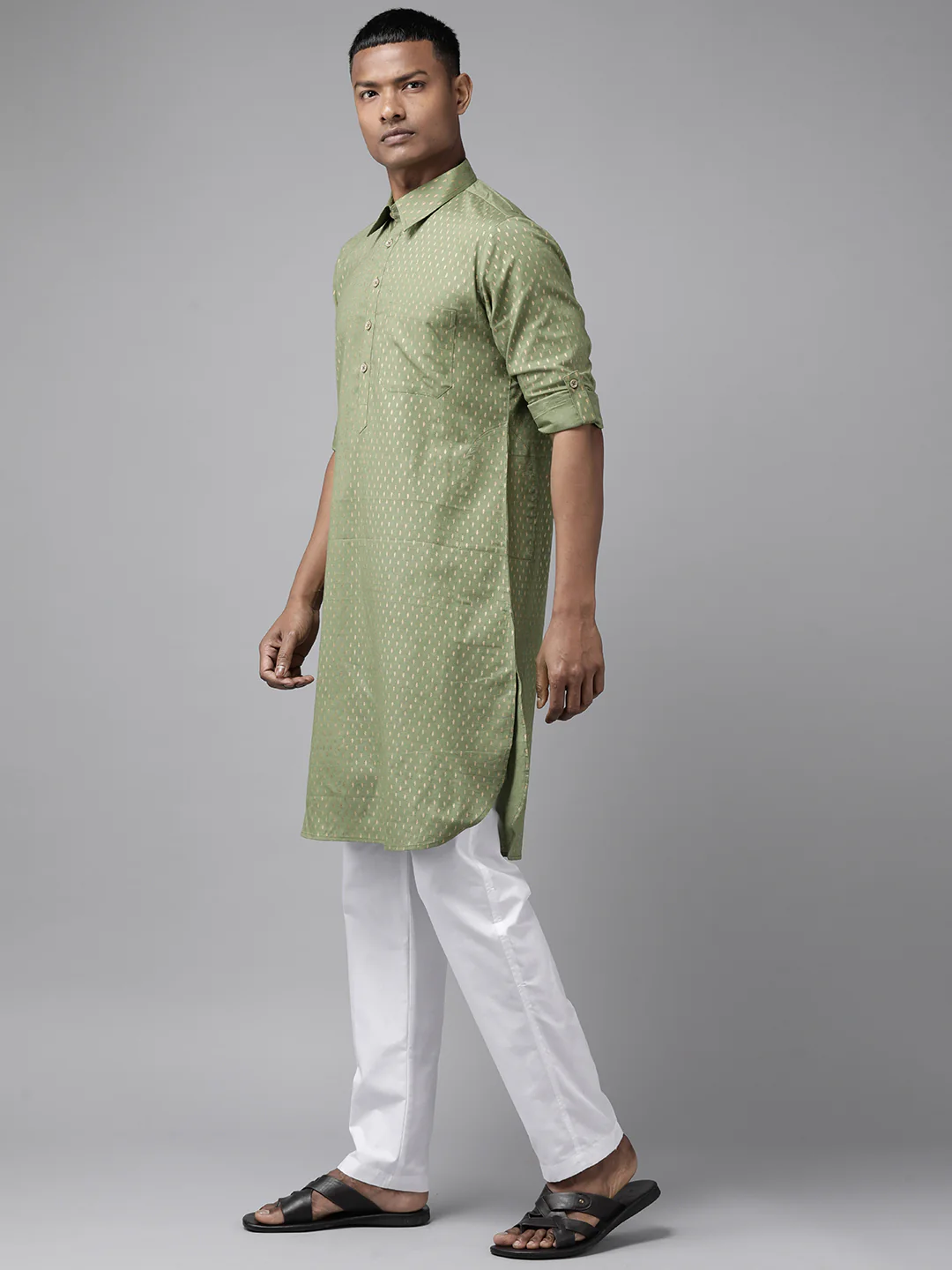 Men Olive Regular Pure Cotton Pathani Printed Men'S Kurta - Image 3