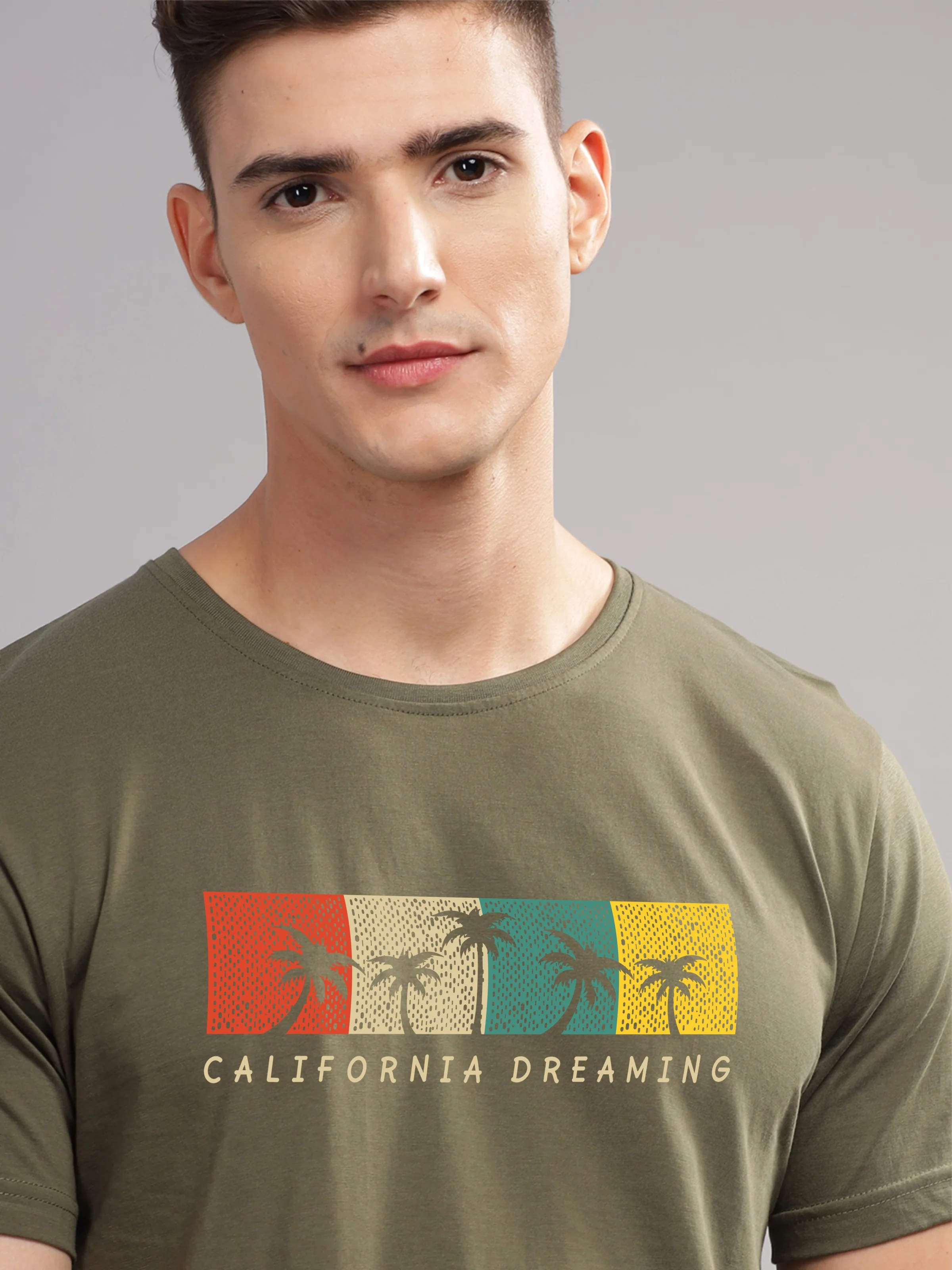 Men Olive Round Neck T Shirt - Image 2