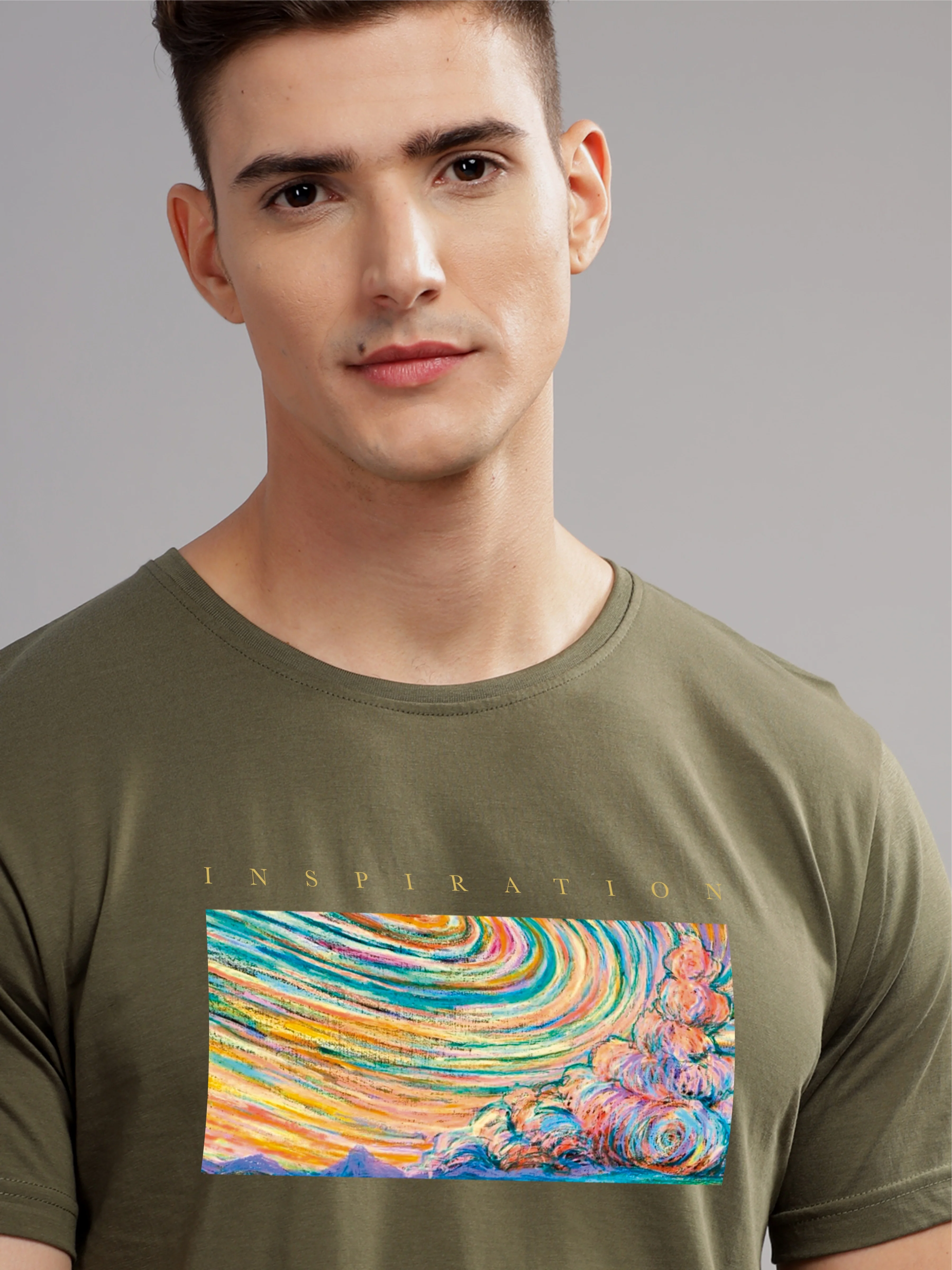Men Olive Round Neck T Shirt - Image 2