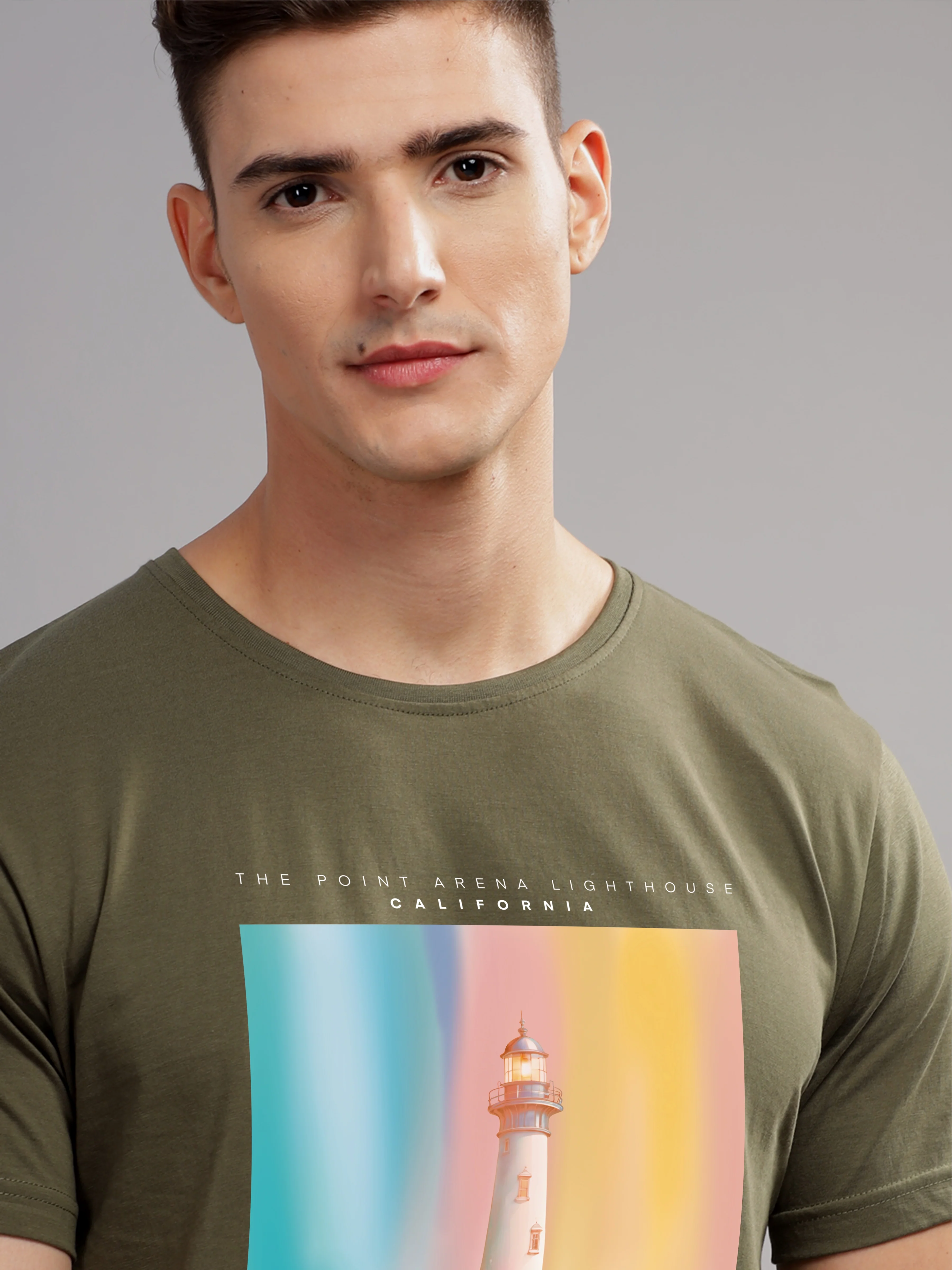 Men Olive Round Neck T Shirt - Image 2
