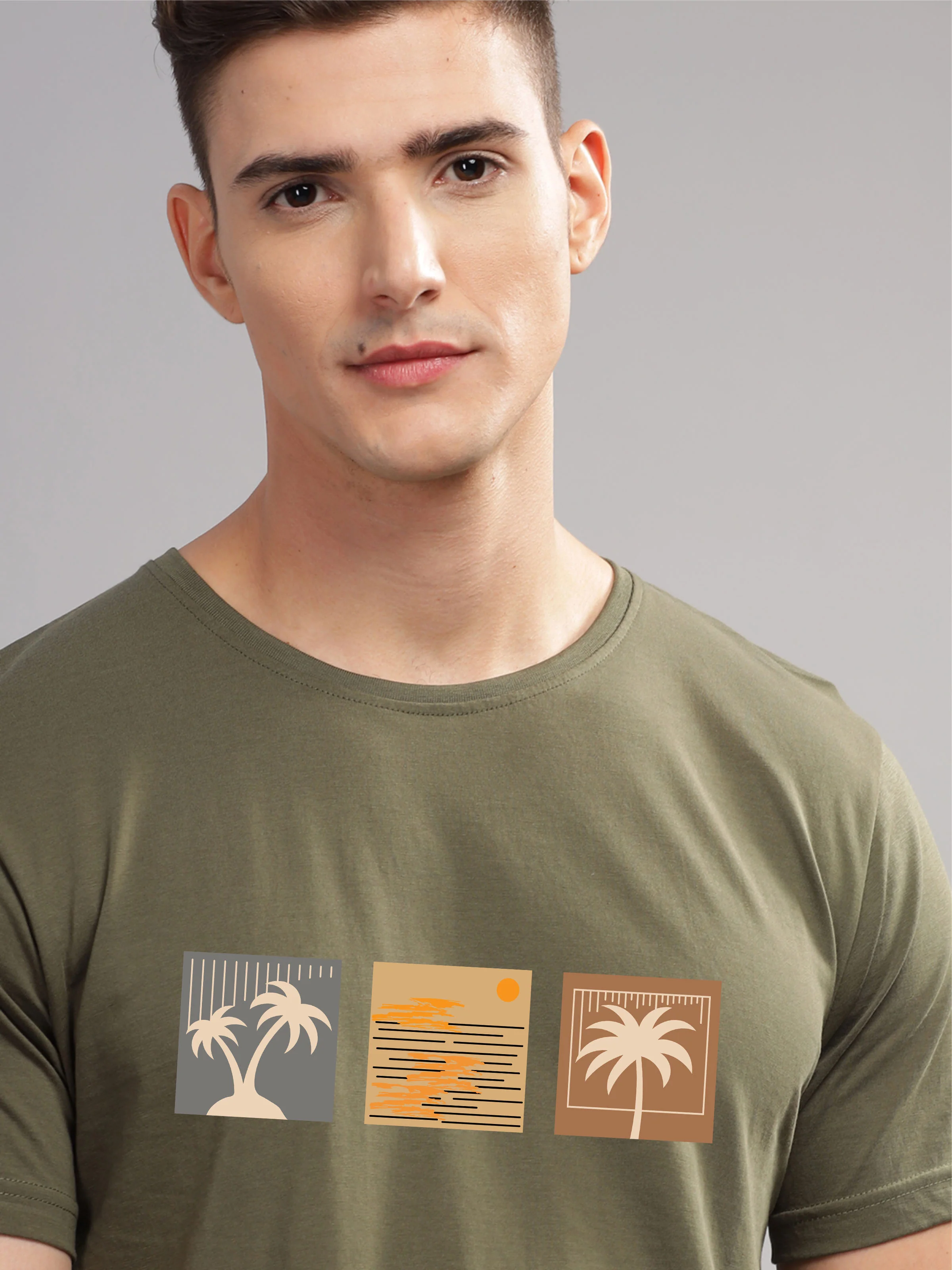 Men Olive Round Neck T Shirt - Image 2