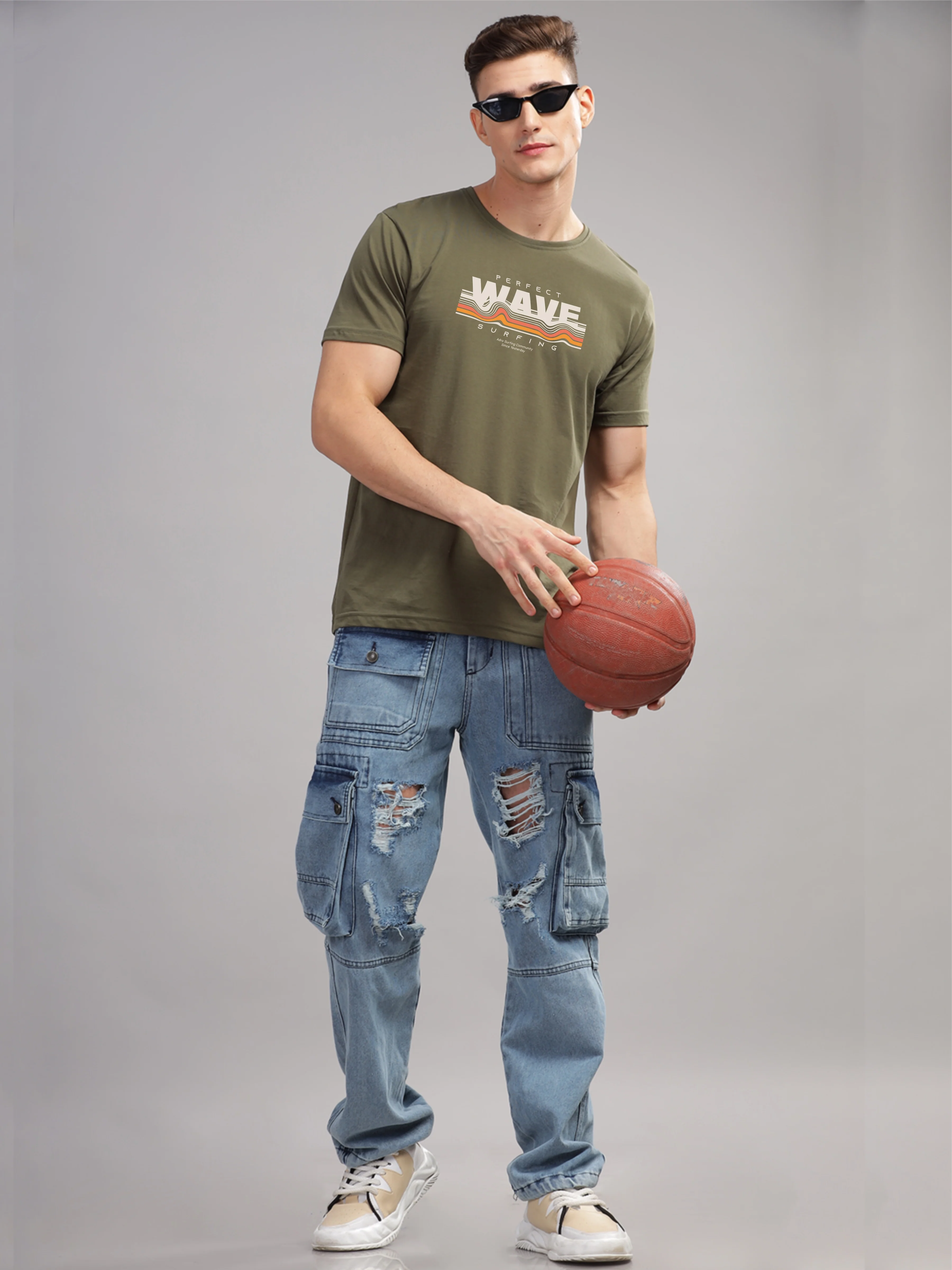 Men Olive Round Neck T Shirt - Image 2