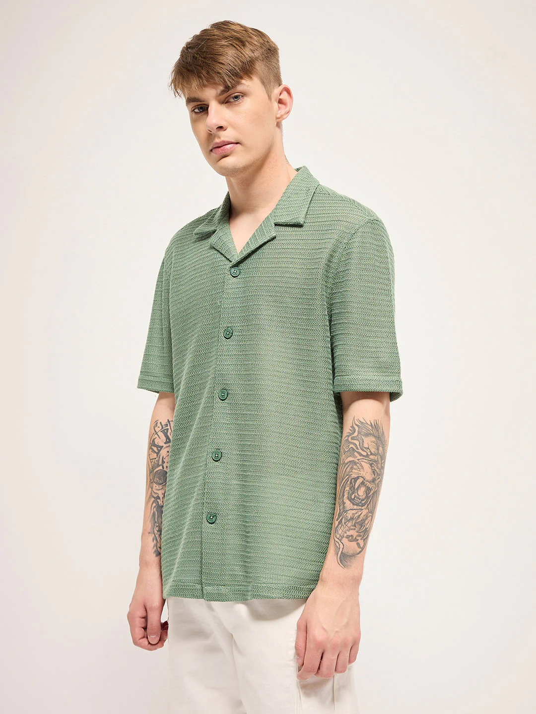 Men Olive Self Design Regular Fit Casual Shirt - Image 3