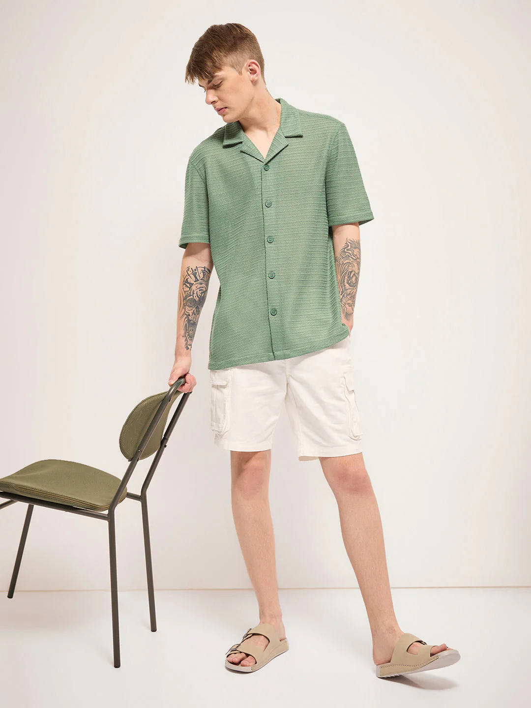 Men Olive Self Design Regular Fit Casual Shirt - Image 5