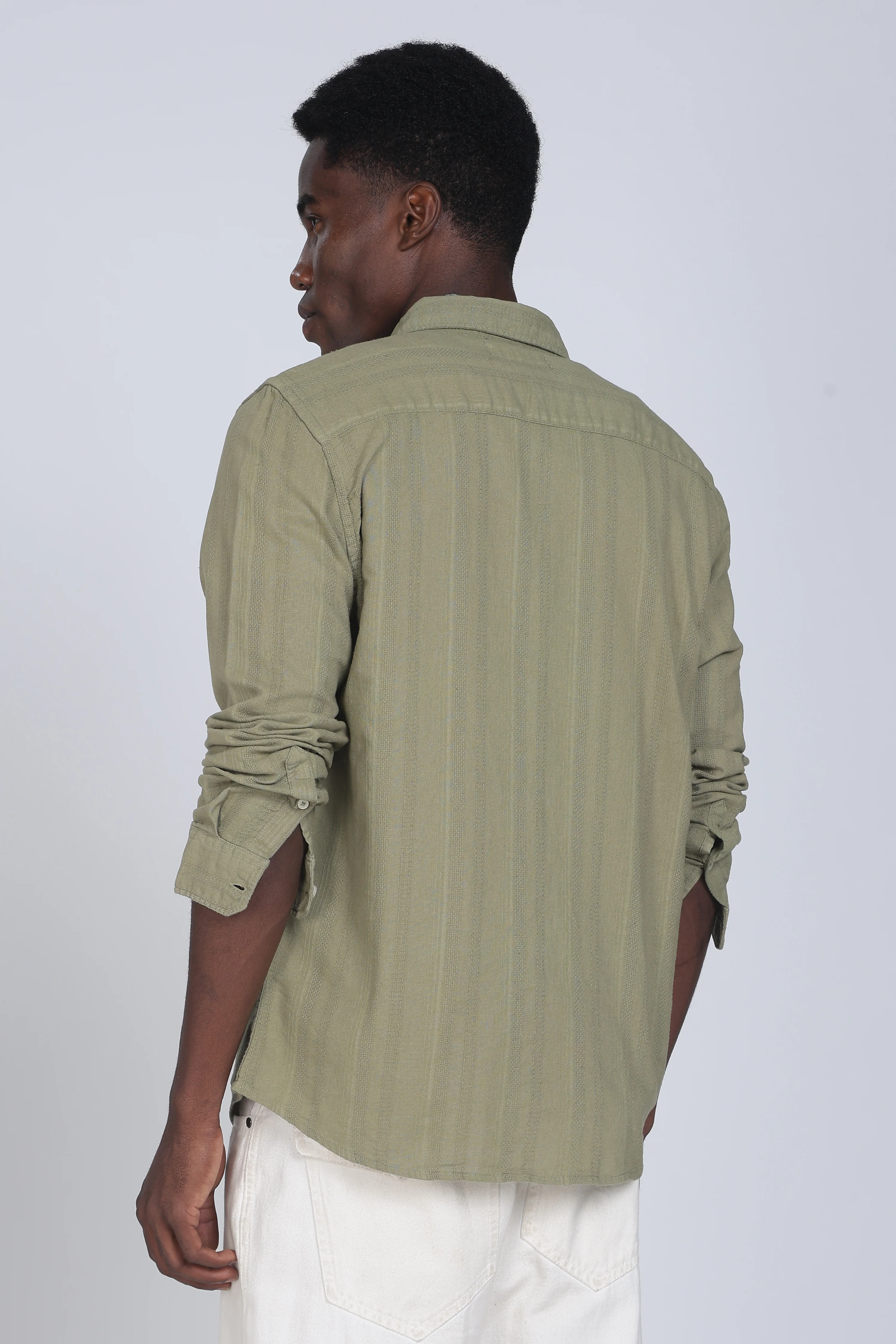Men Olive Self Design Shirt - Image 2