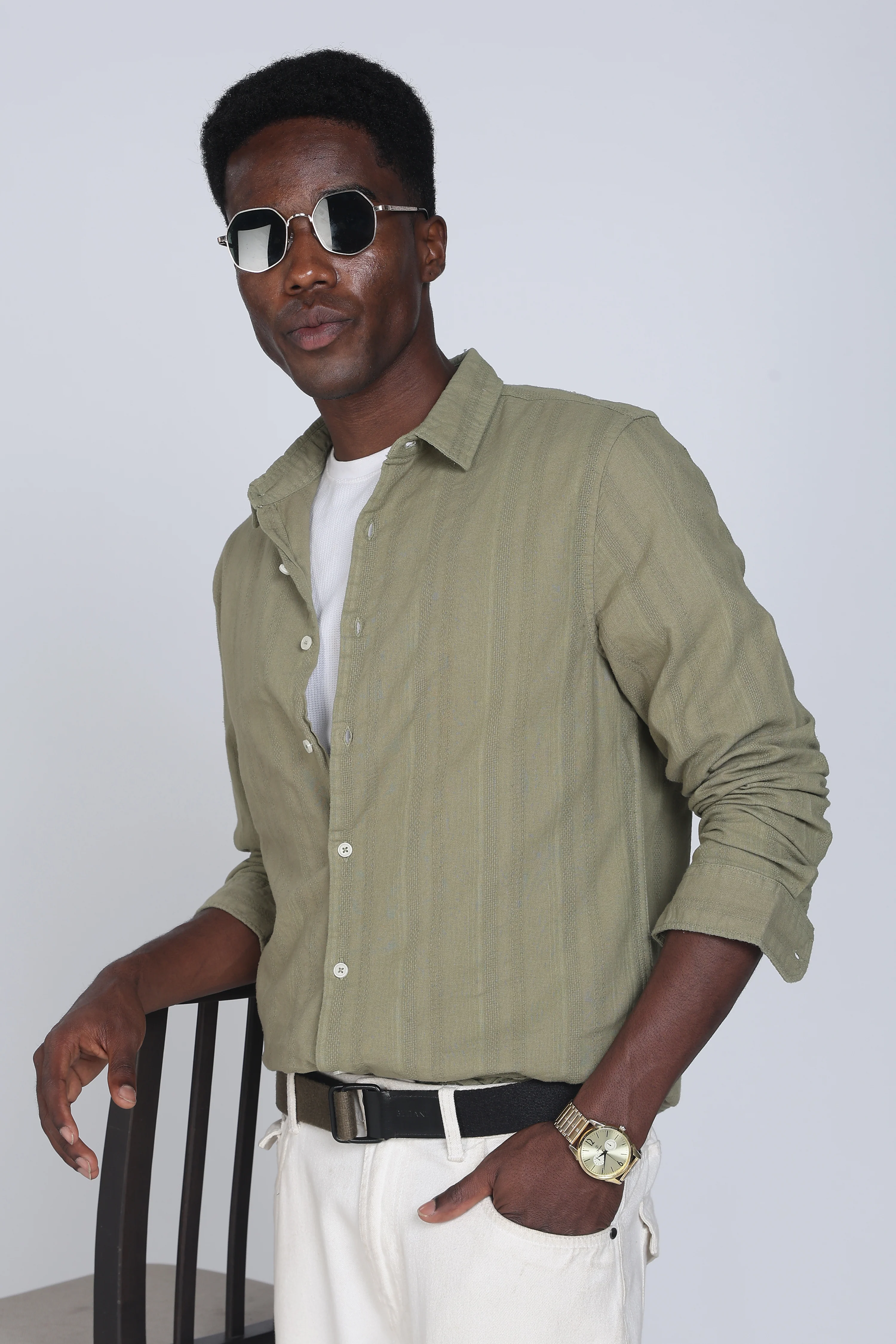 Men Olive Self Design Shirt - Image 5