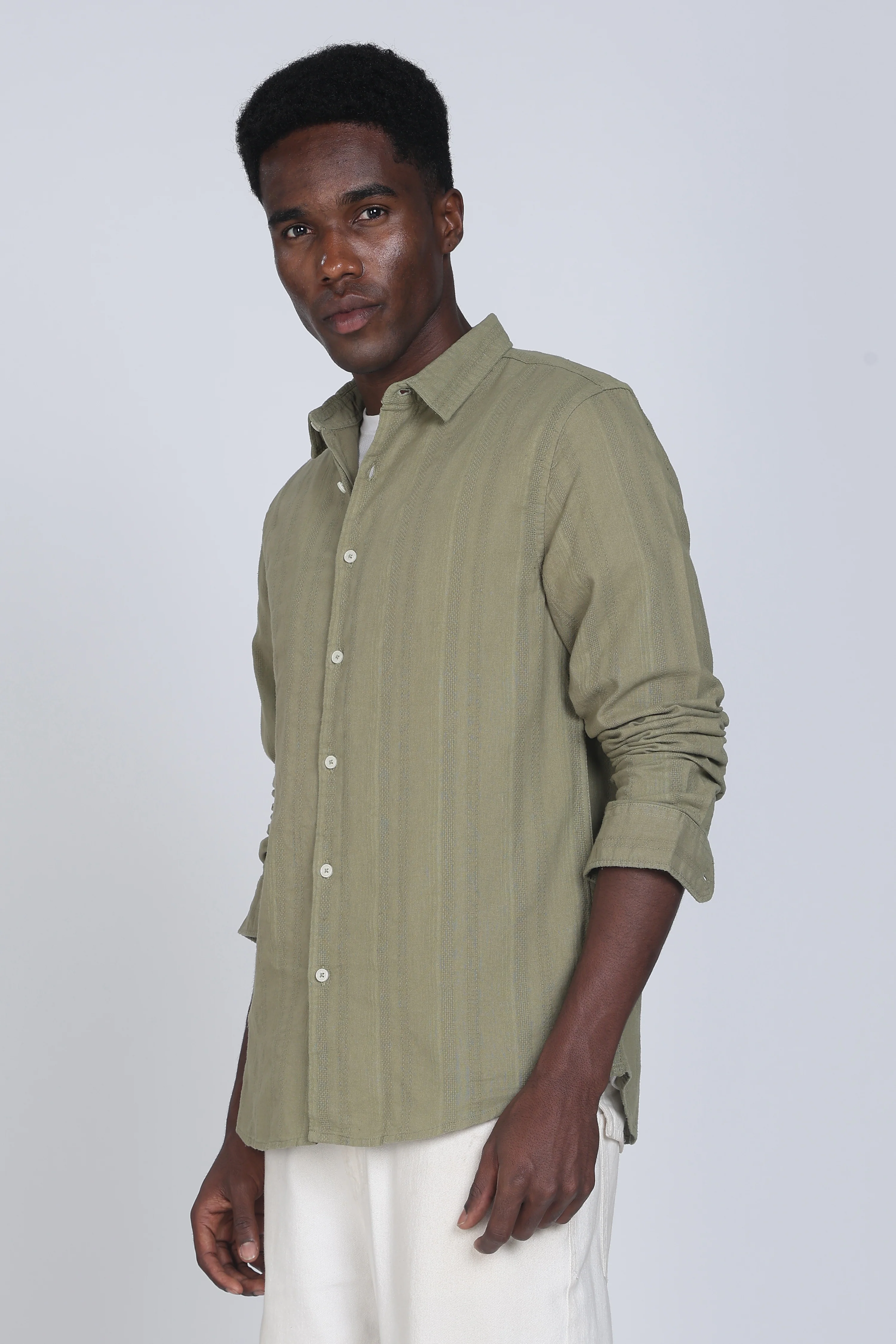 Men Olive Self Design Shirt - Image 7