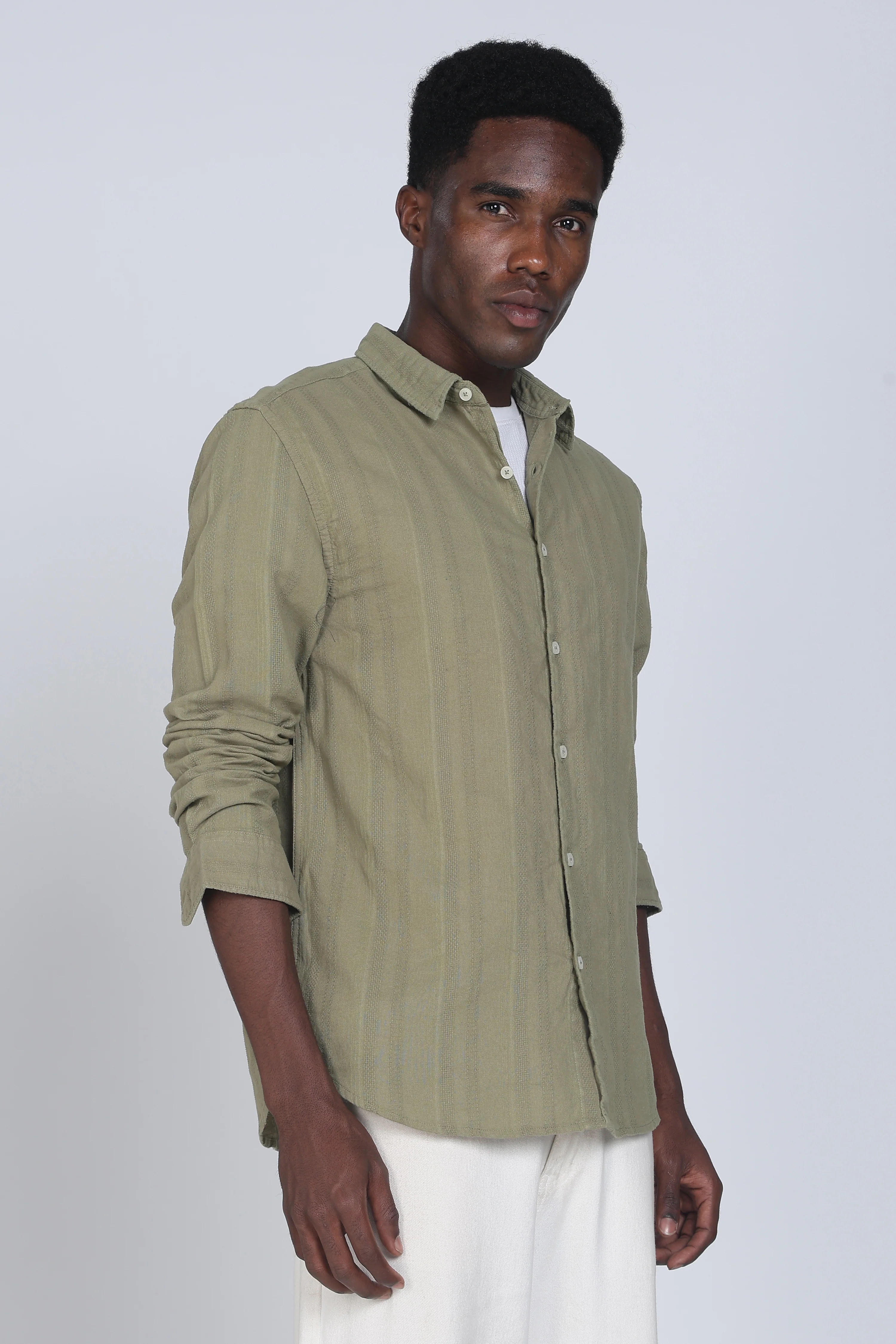 Men Olive Self Design Shirt - Image 8