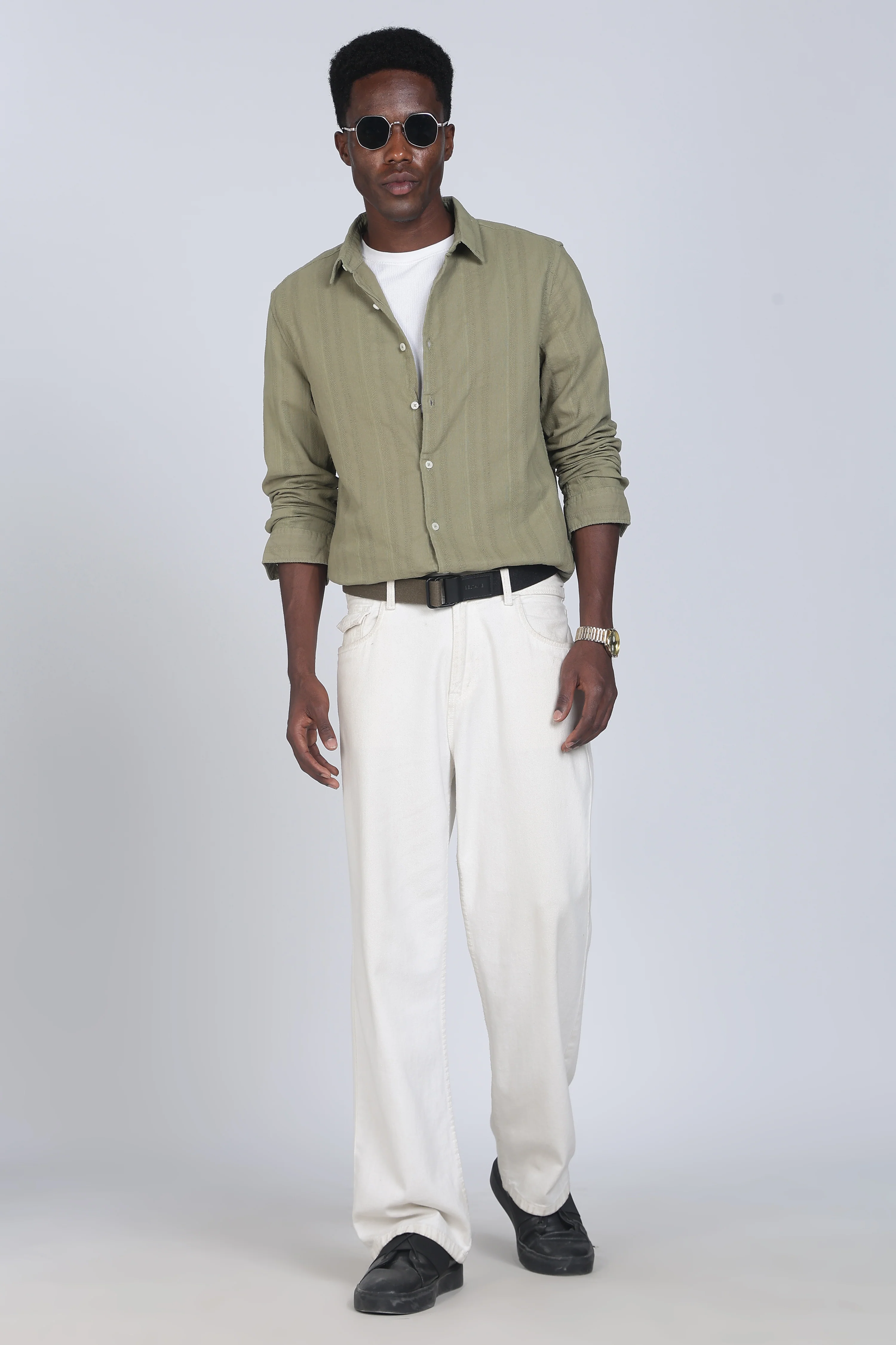 Men Olive Self Design Shirt - Image 9