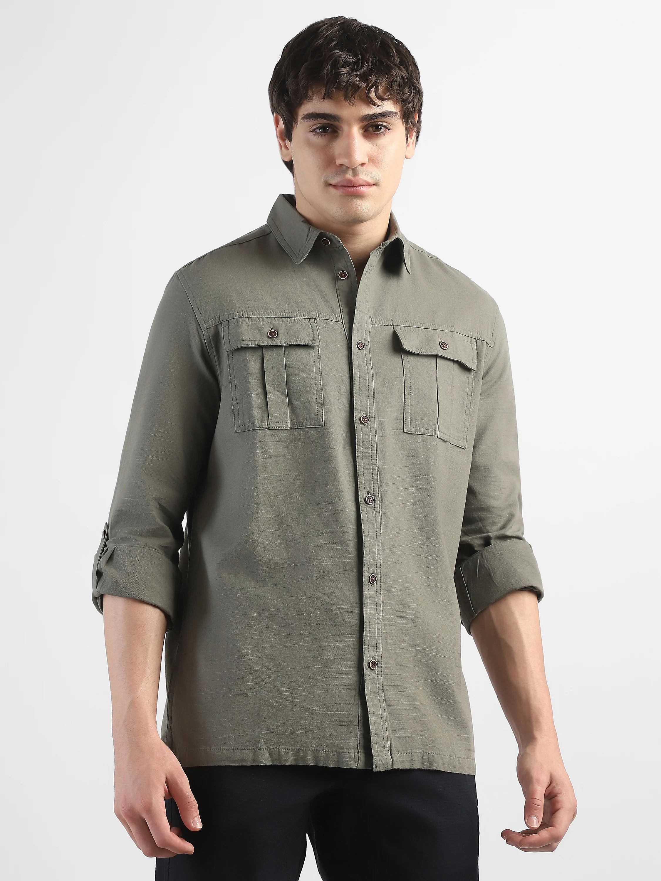 Men Olive Shirt With Two Front Pockets And Roll Up Sleeves - Image 2