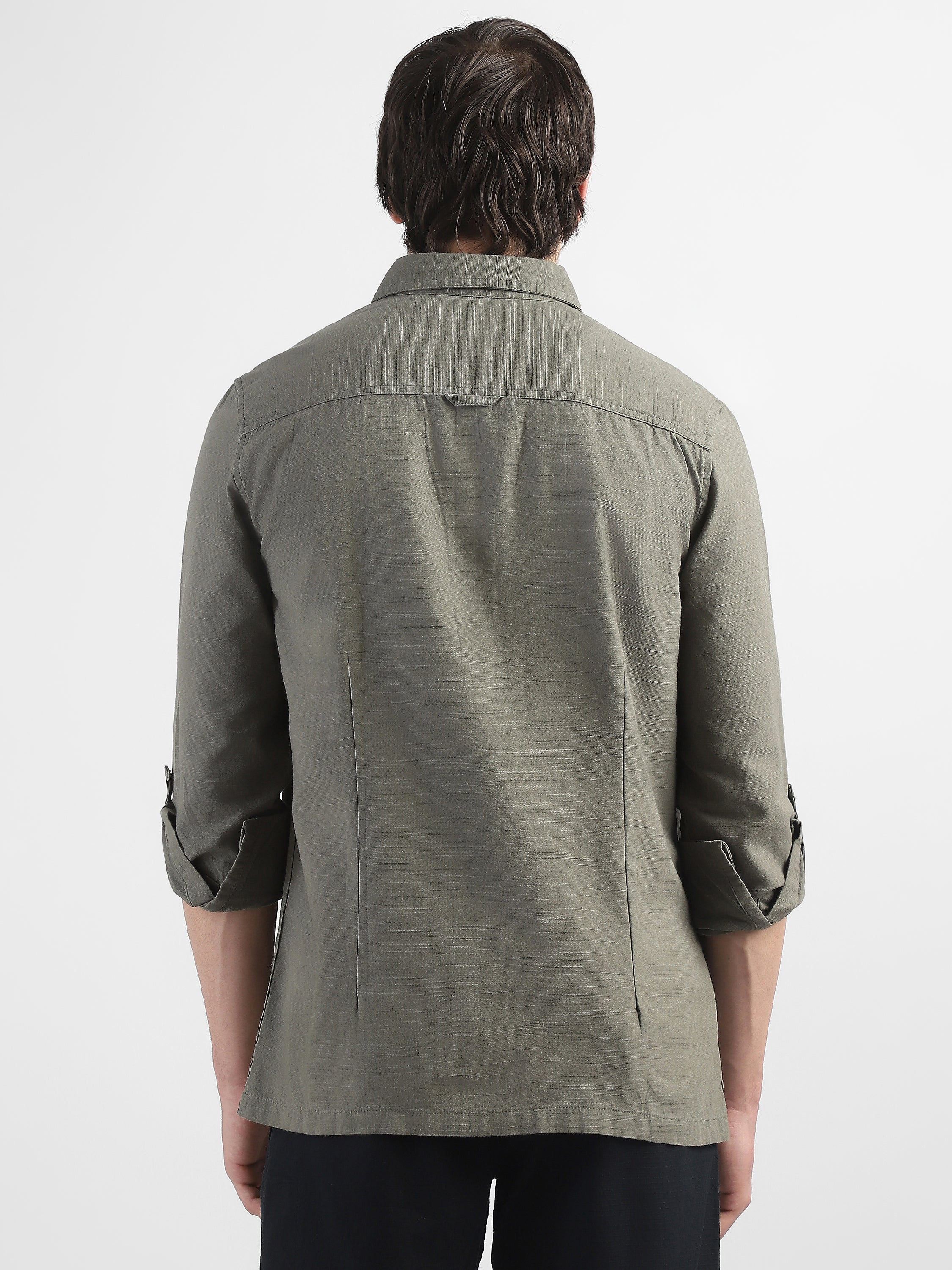 Men Olive Shirt With Two Front Pockets And Roll Up Sleeves - Image 3