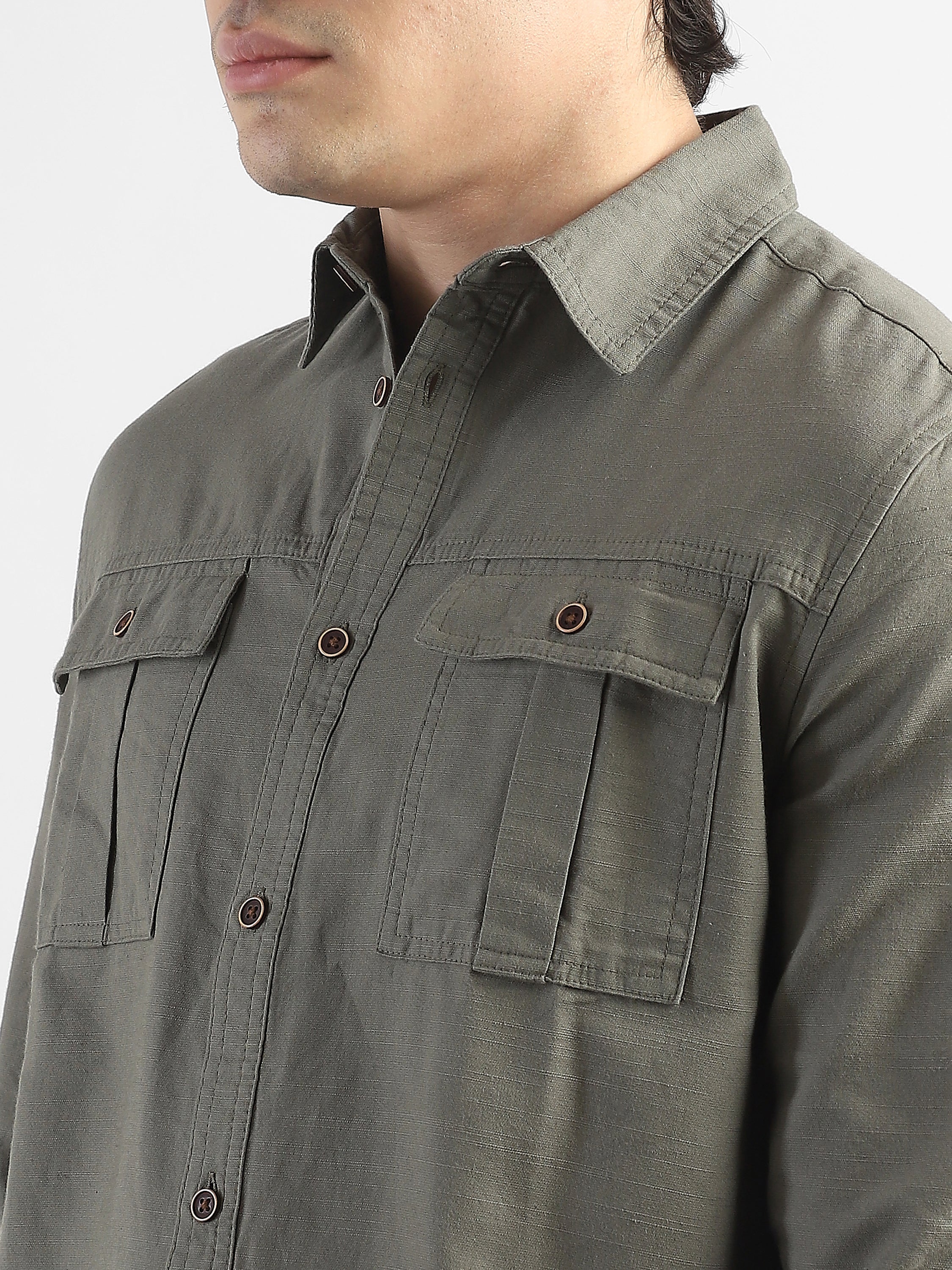 Men Olive Shirt With Two Front Pockets And Roll Up Sleeves - Image 4