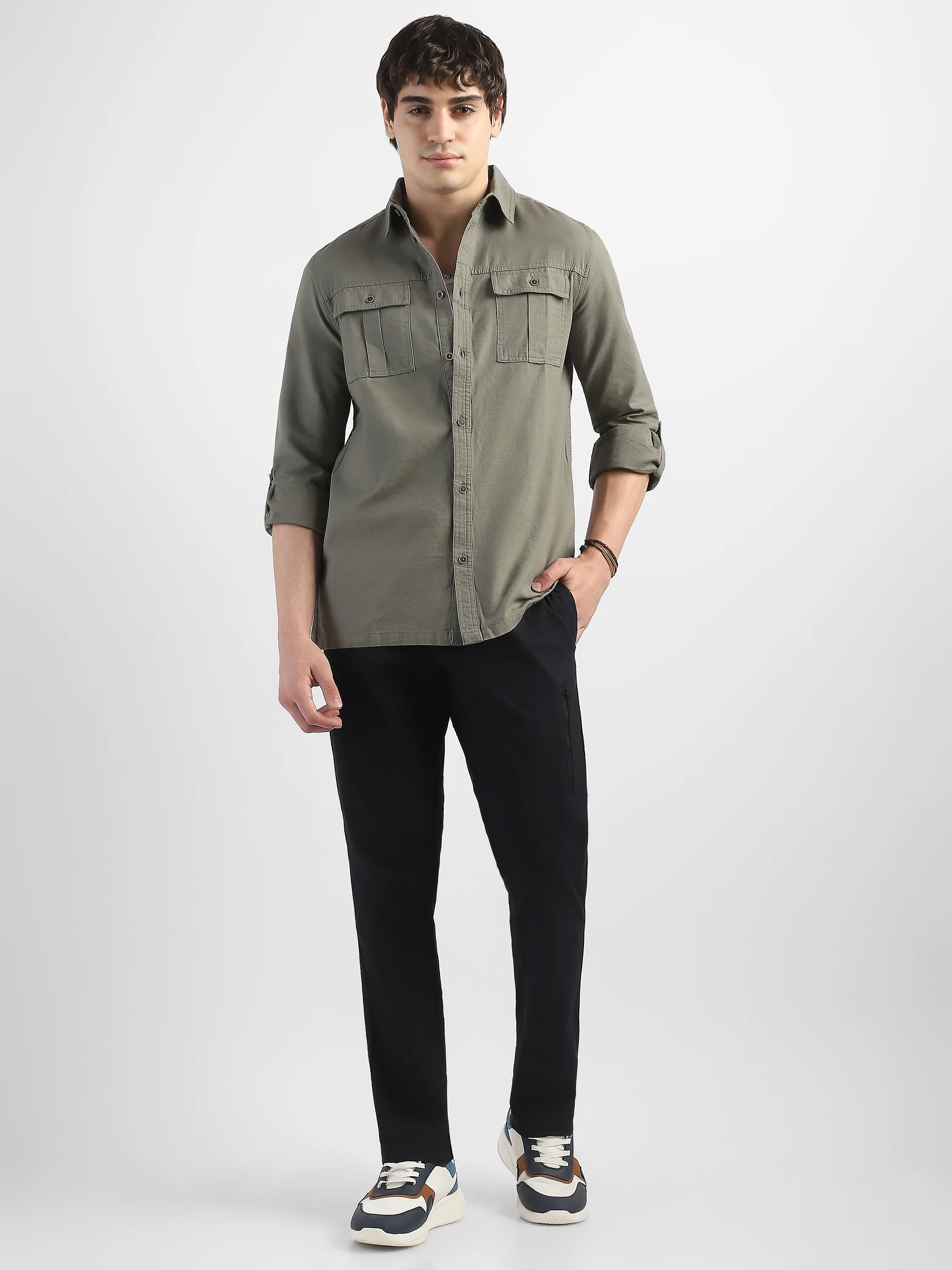 Men Olive Shirt With Two Front Pockets And Roll Up Sleeves - Image 5
