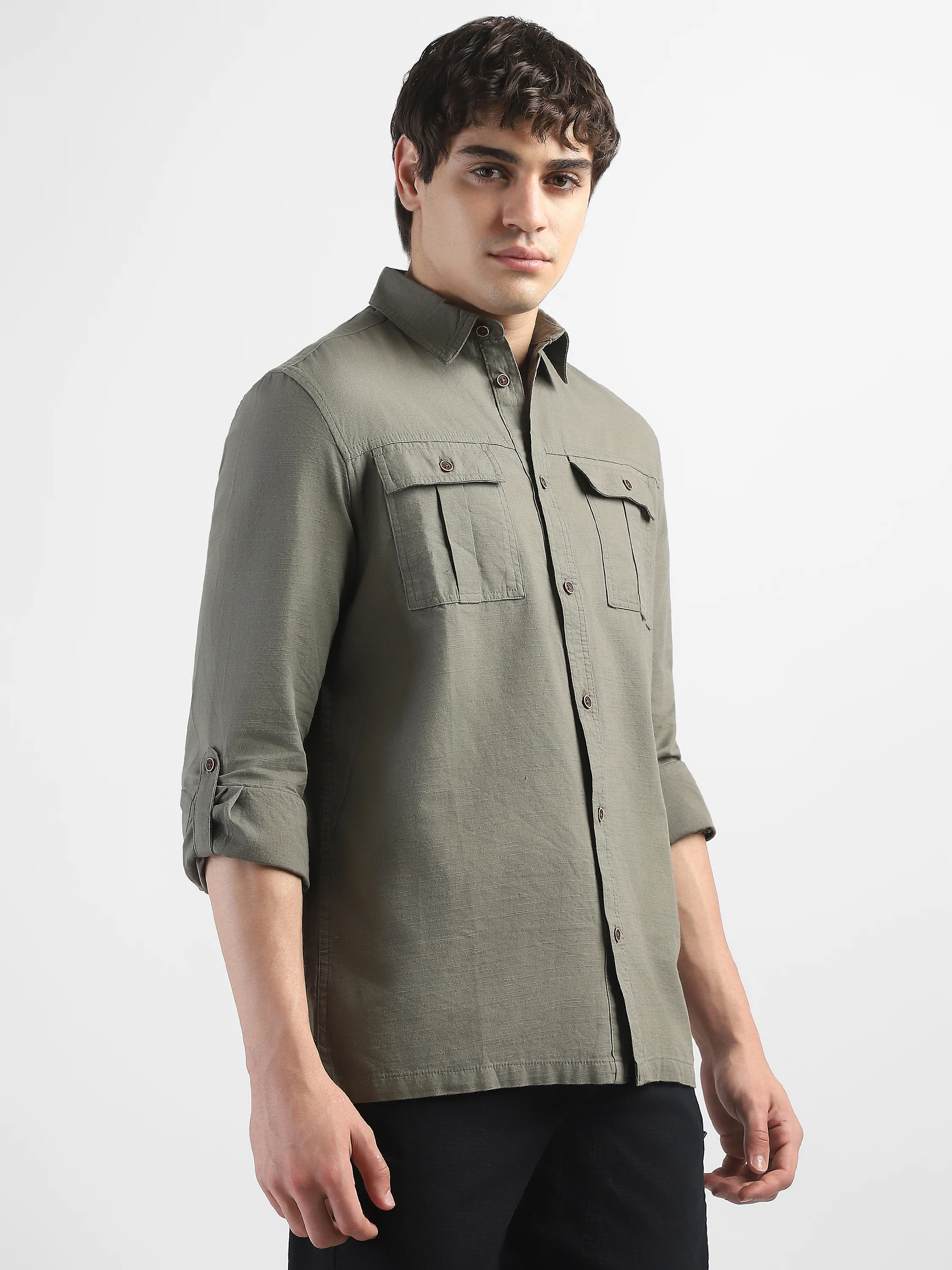 Men Olive Shirt With Two Front Pockets And Roll Up Sleeves - Image 6