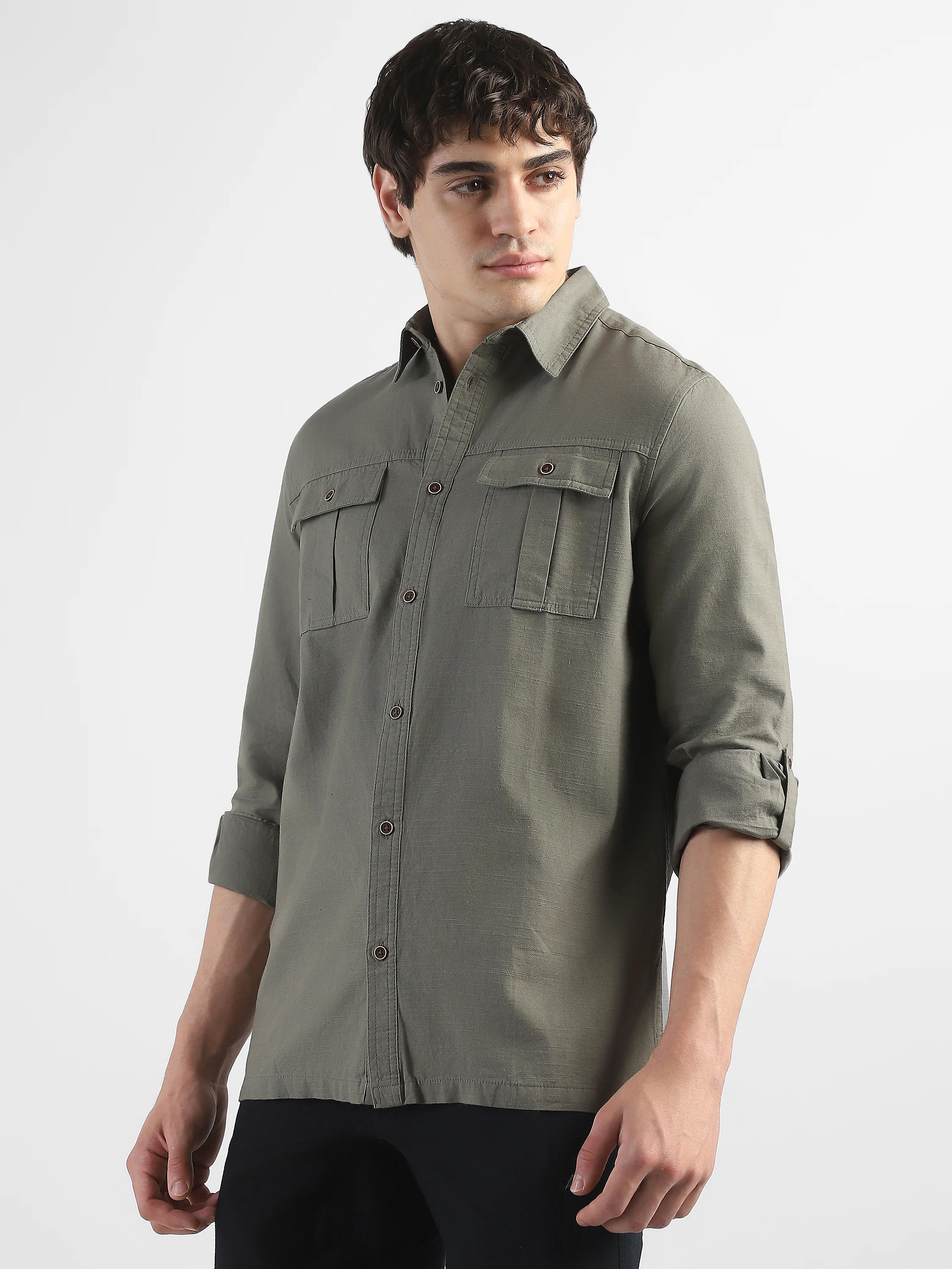 Men Olive Shirt With Two Front Pockets And Roll Up Sleeves - Image 7