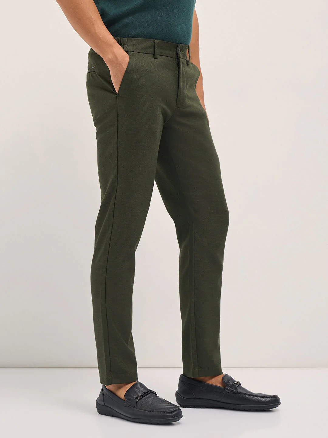 Men Olive Slim Fit Formal Trousers - Image 3