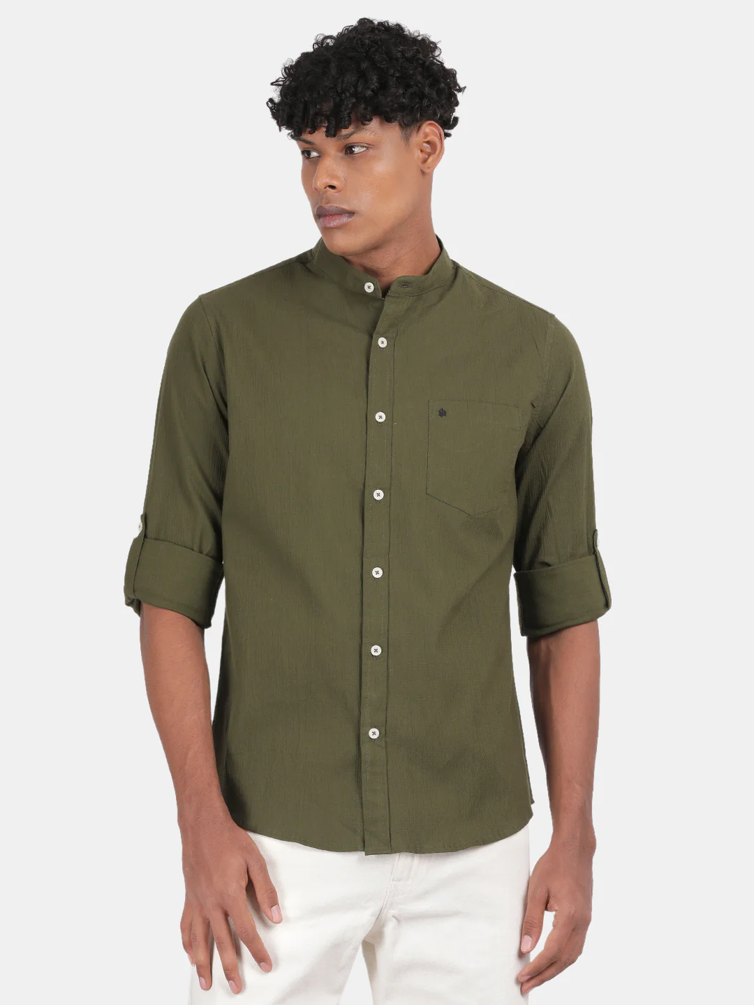 Men Olive Slim Fit Mandarin Collar Full Sleeve Casual Shirt - Image 2