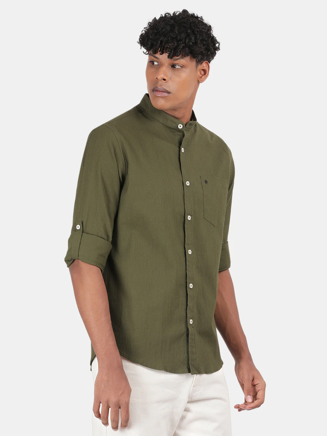 Men Olive Slim Fit Mandarin Collar Full Sleeve Casual Shirt - Image 3
