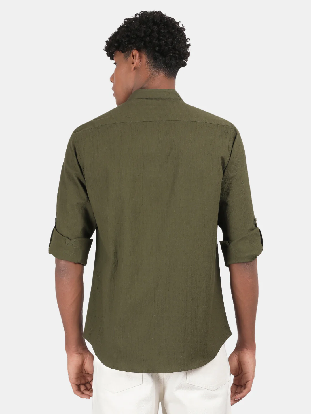 Men Olive Slim Fit Mandarin Collar Full Sleeve Casual Shirt - Image 4