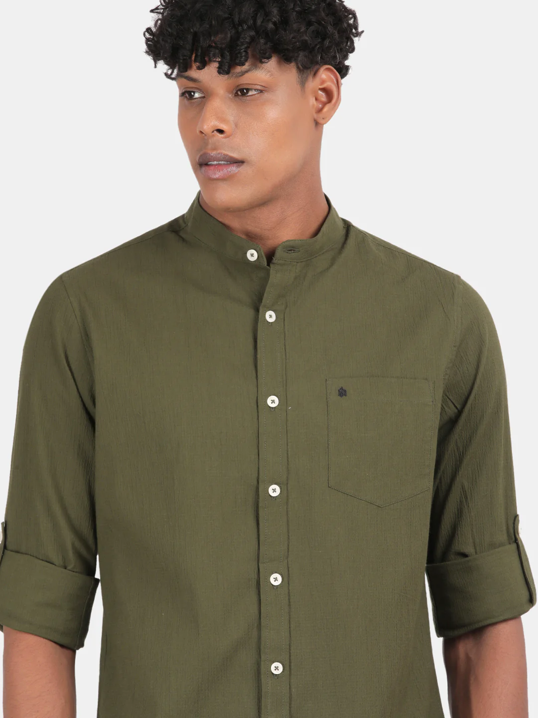 Men Olive Slim Fit Mandarin Collar Full Sleeve Casual Shirt - Image 5