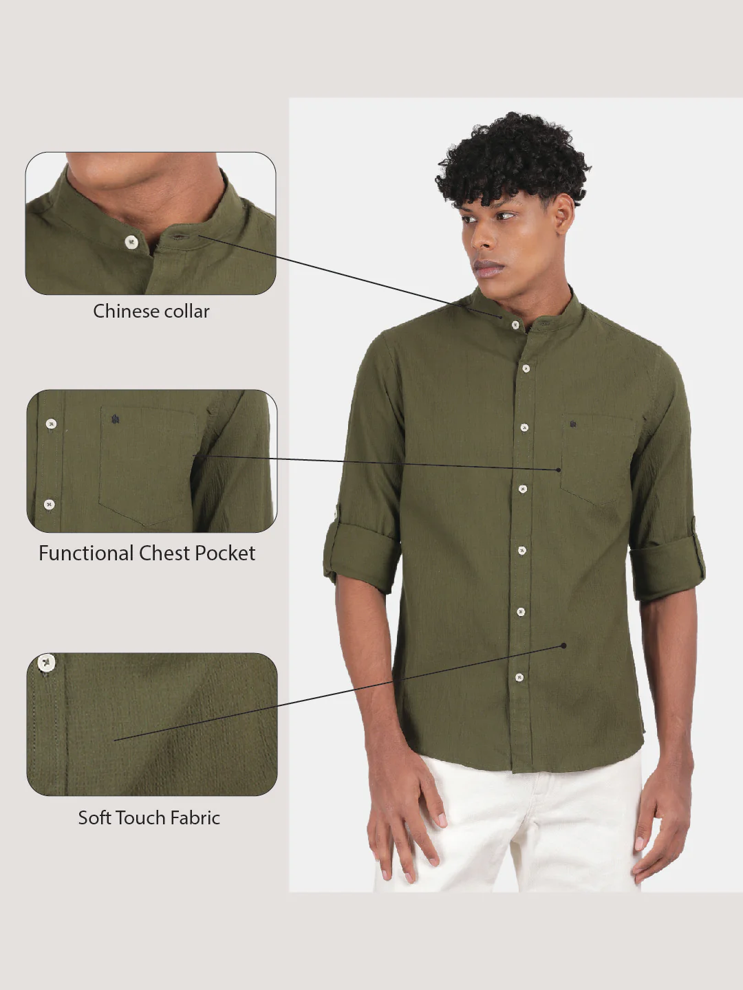 Men Olive Slim Fit Mandarin Collar Full Sleeve Casual Shirt - Image 6