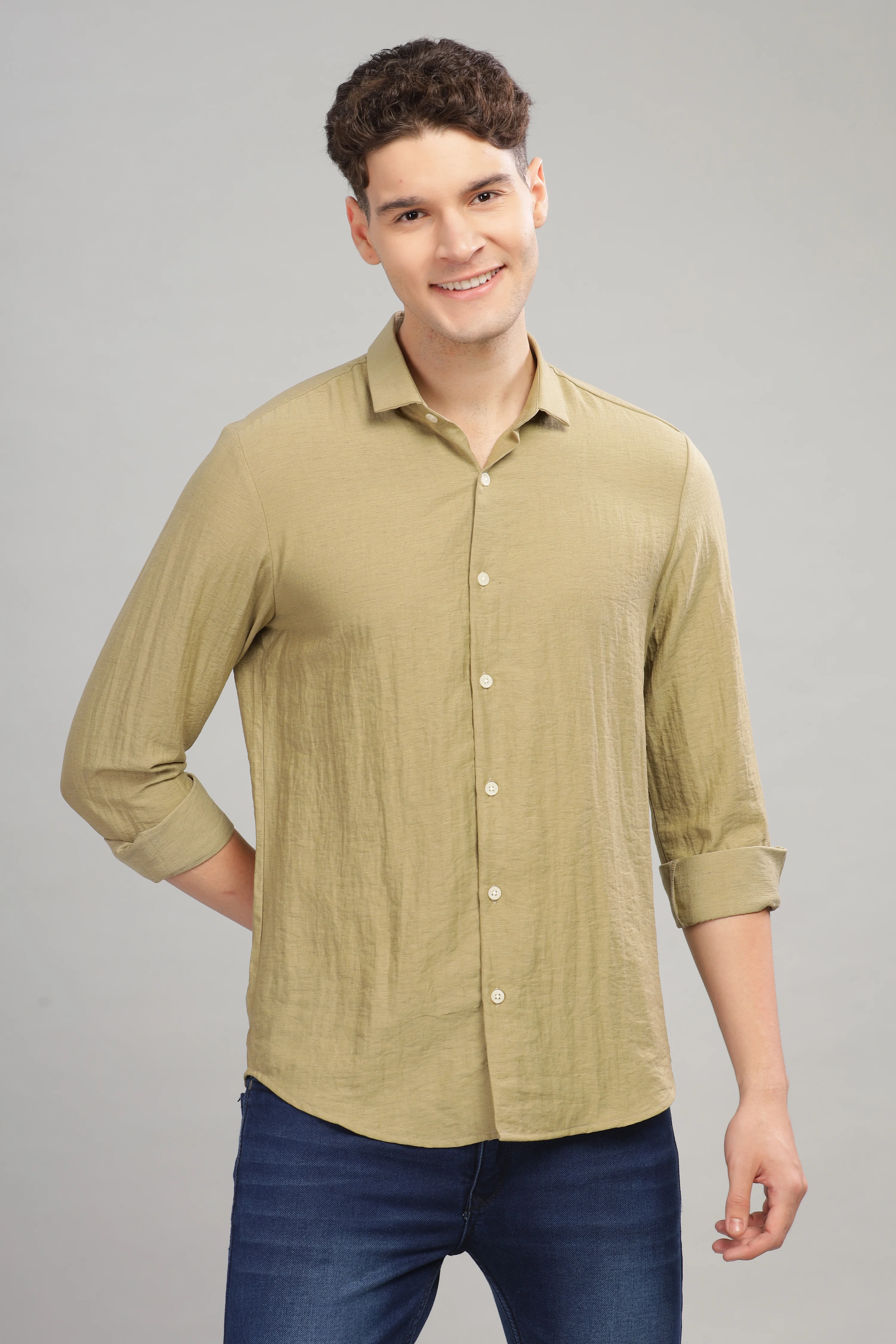 Men Olive Slim Fit Shirt - Image 4