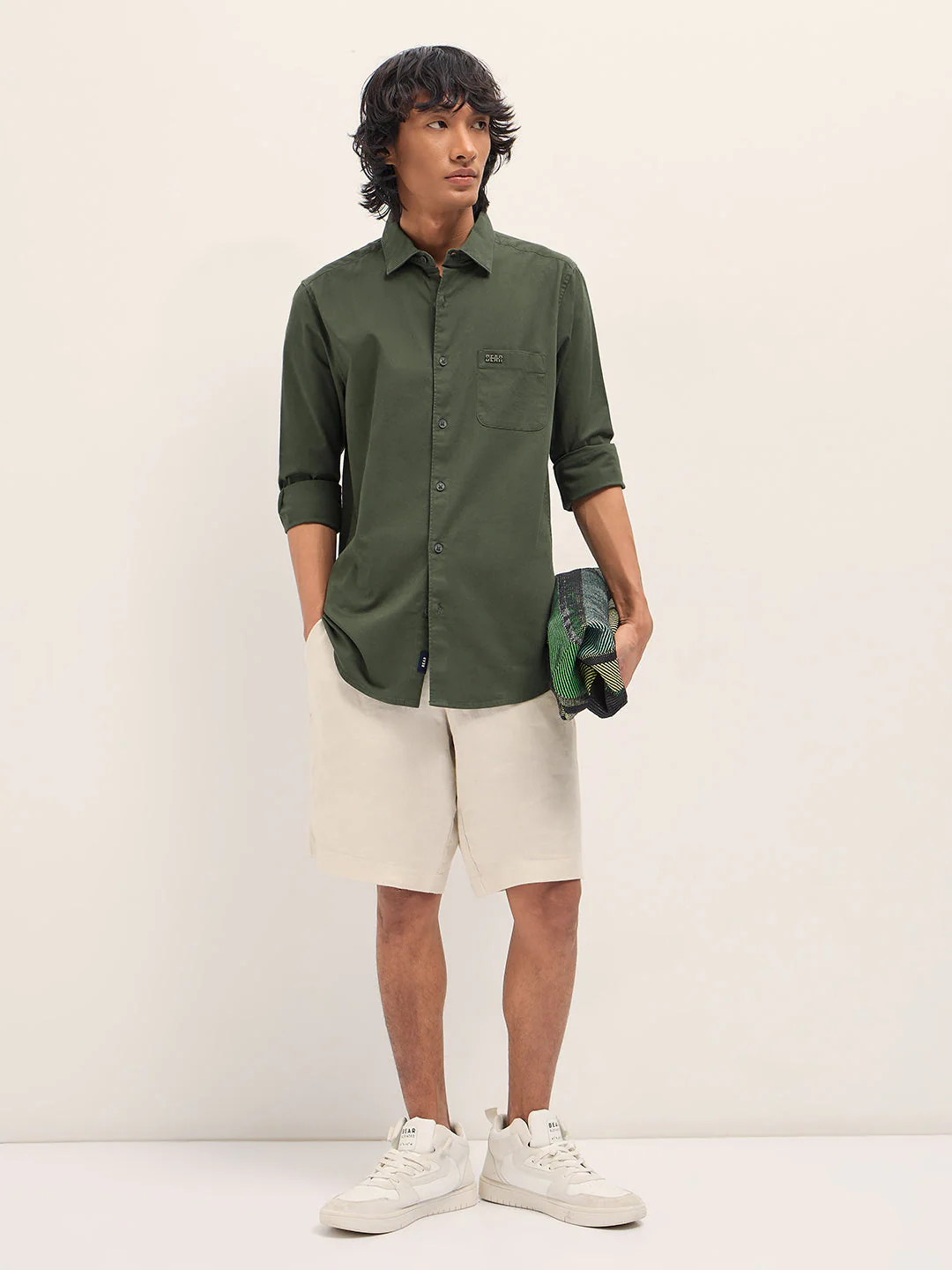 Men Olive Slim Fit Solid Cotton Casual Shirt - Image 4