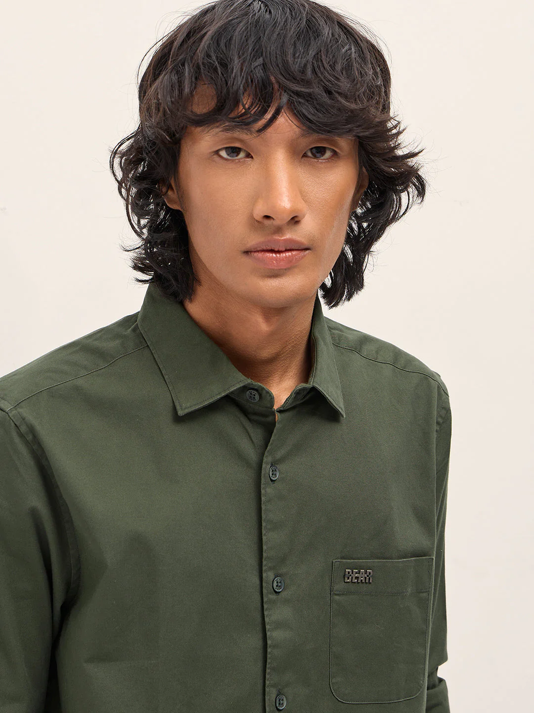 Men Olive Slim Fit Solid Cotton Casual Shirt - Image 5