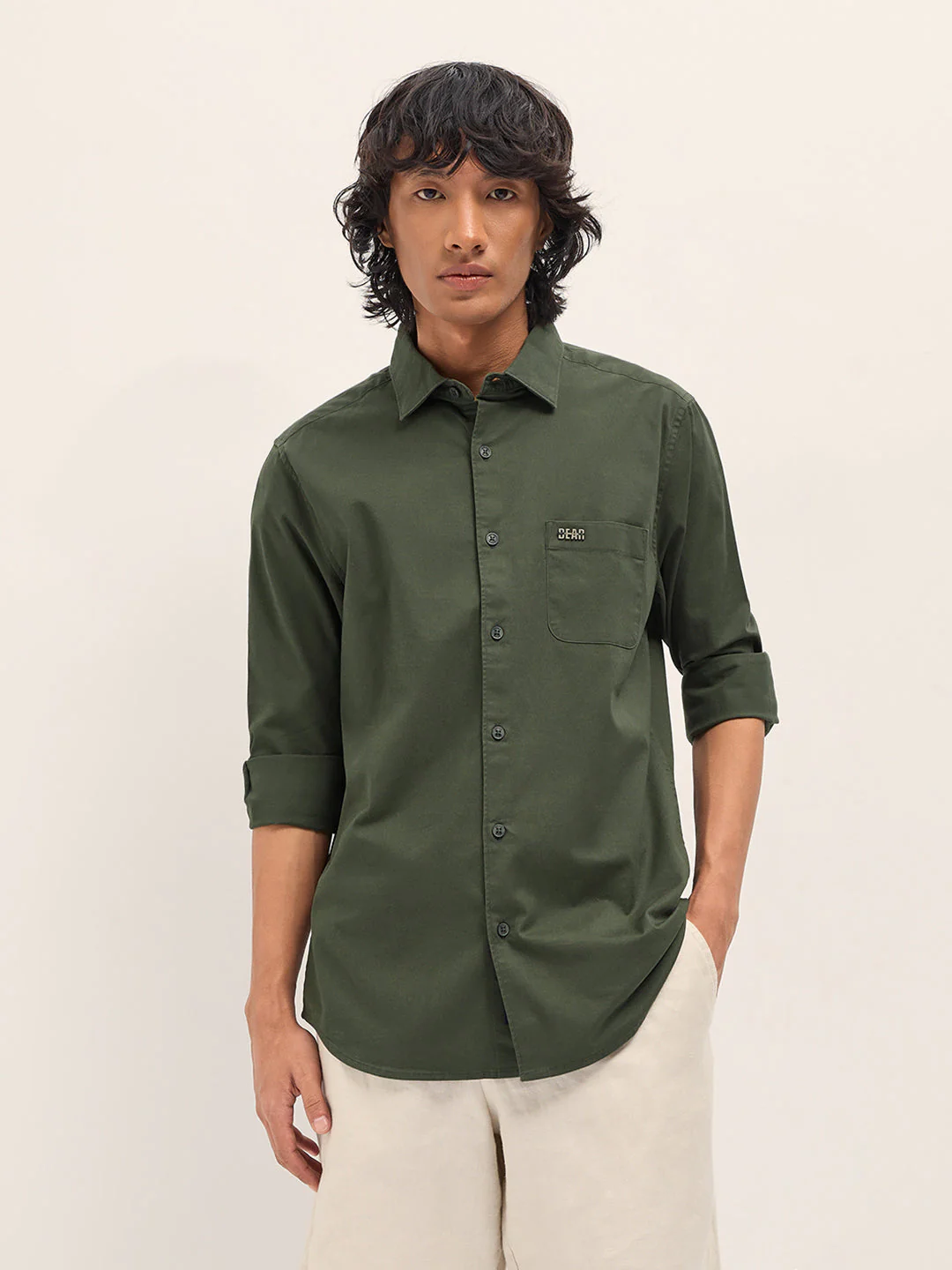 Men Olive Slim Fit Solid Cotton Casual Shirt - Image 6
