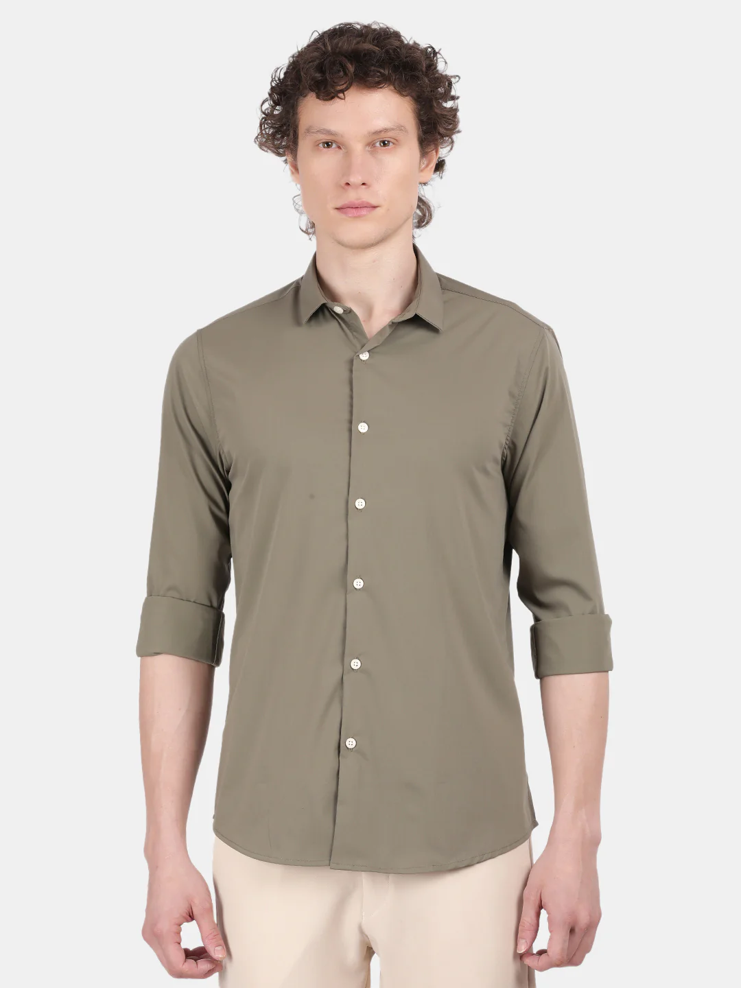 Men Olive Slim Fit Spread Collar Full Sleeve Casual Shirt - Image 2