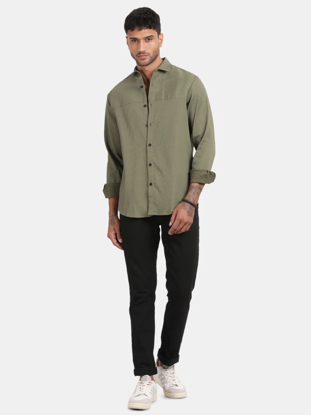 Men Olive Slim Fit Spread Collar Full Sleeve Casual Shirt - Image 3