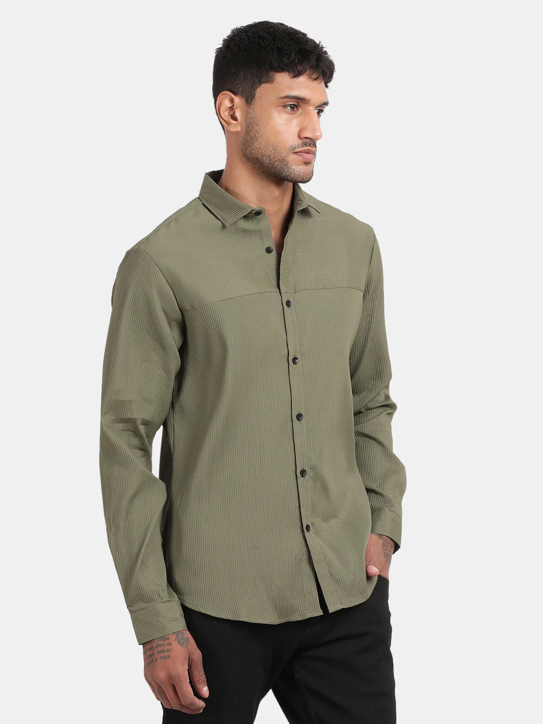 Men Olive Slim Fit Spread Collar Full Sleeve Casual Shirt - Image 5