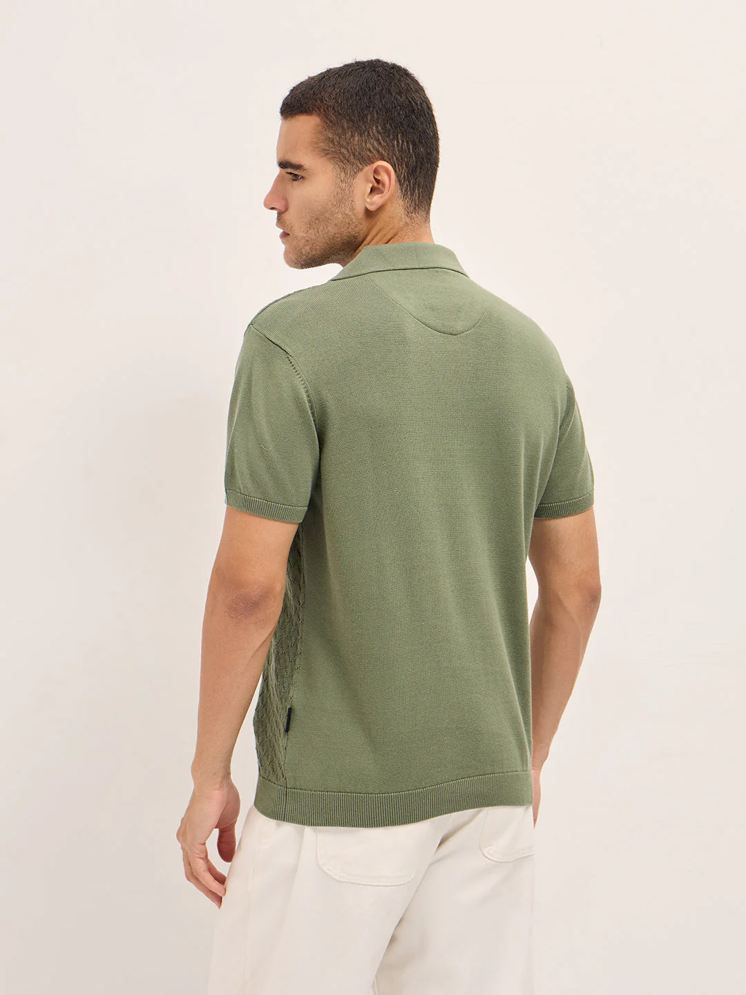 Men Olive Slim Fit Textured Knit Polo - Image 2