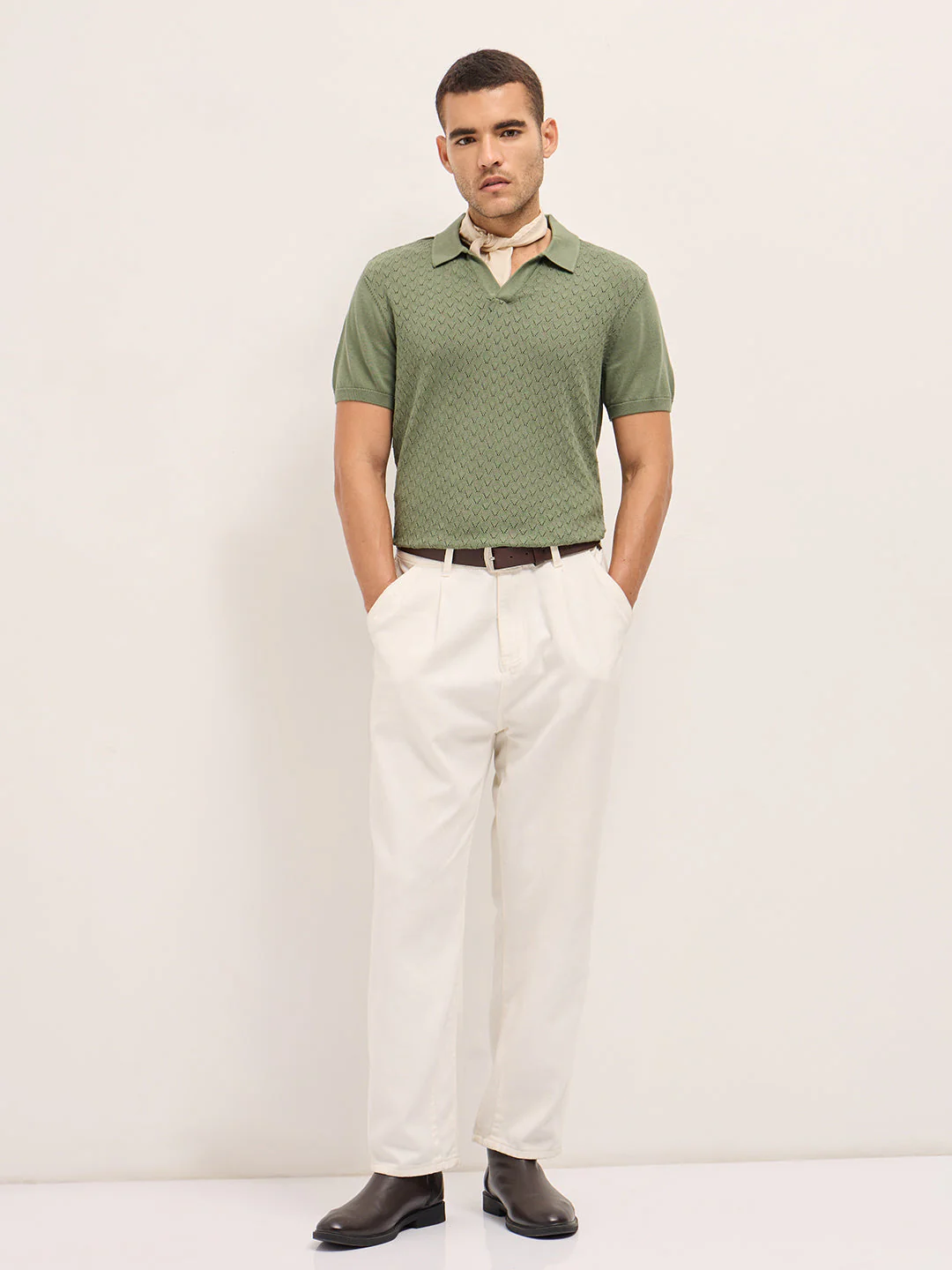 Men Olive Slim Fit Textured Knit Polo - Image 4