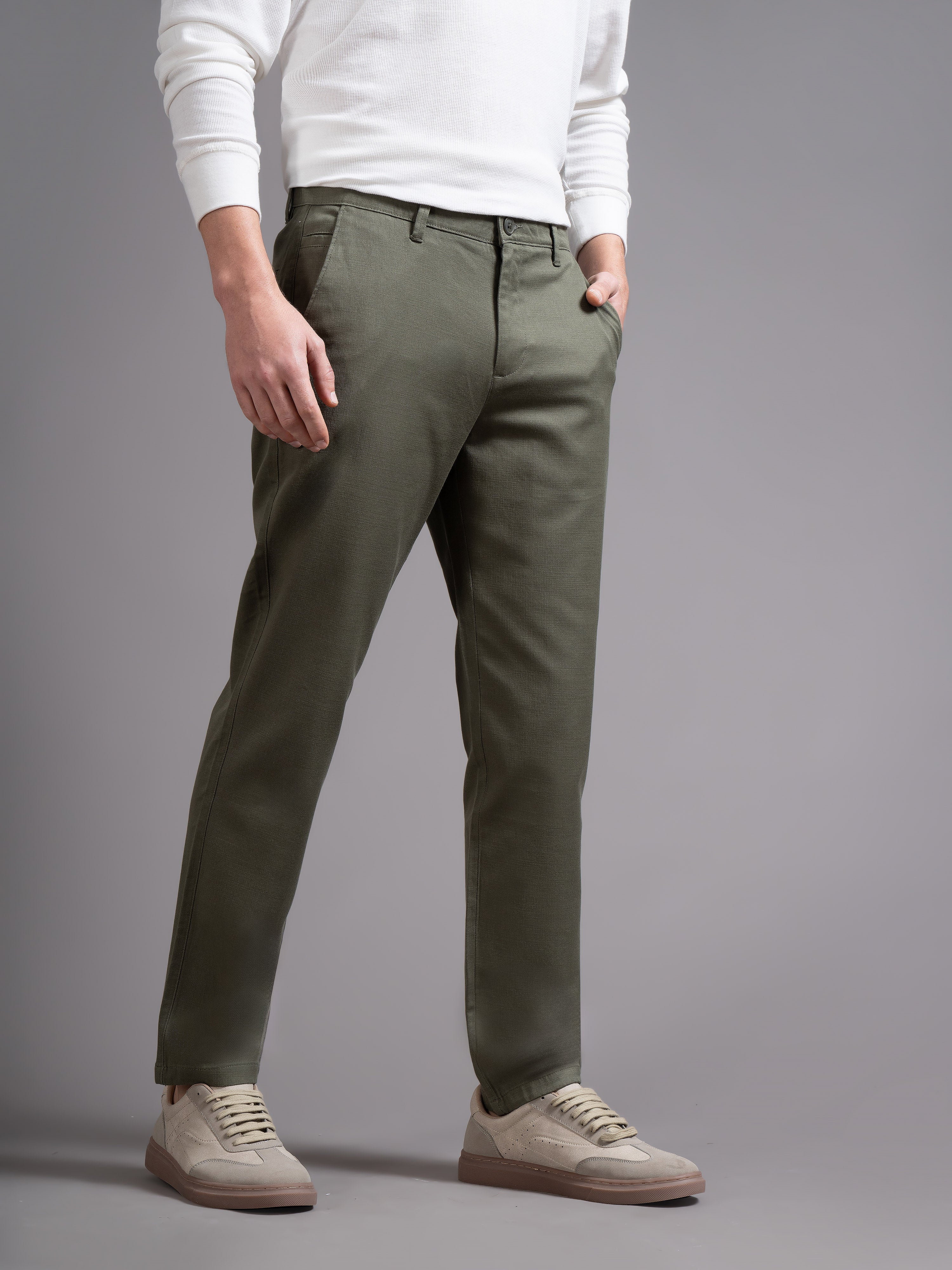 Men Olive Smart Slim Fit Chinos - Image 3