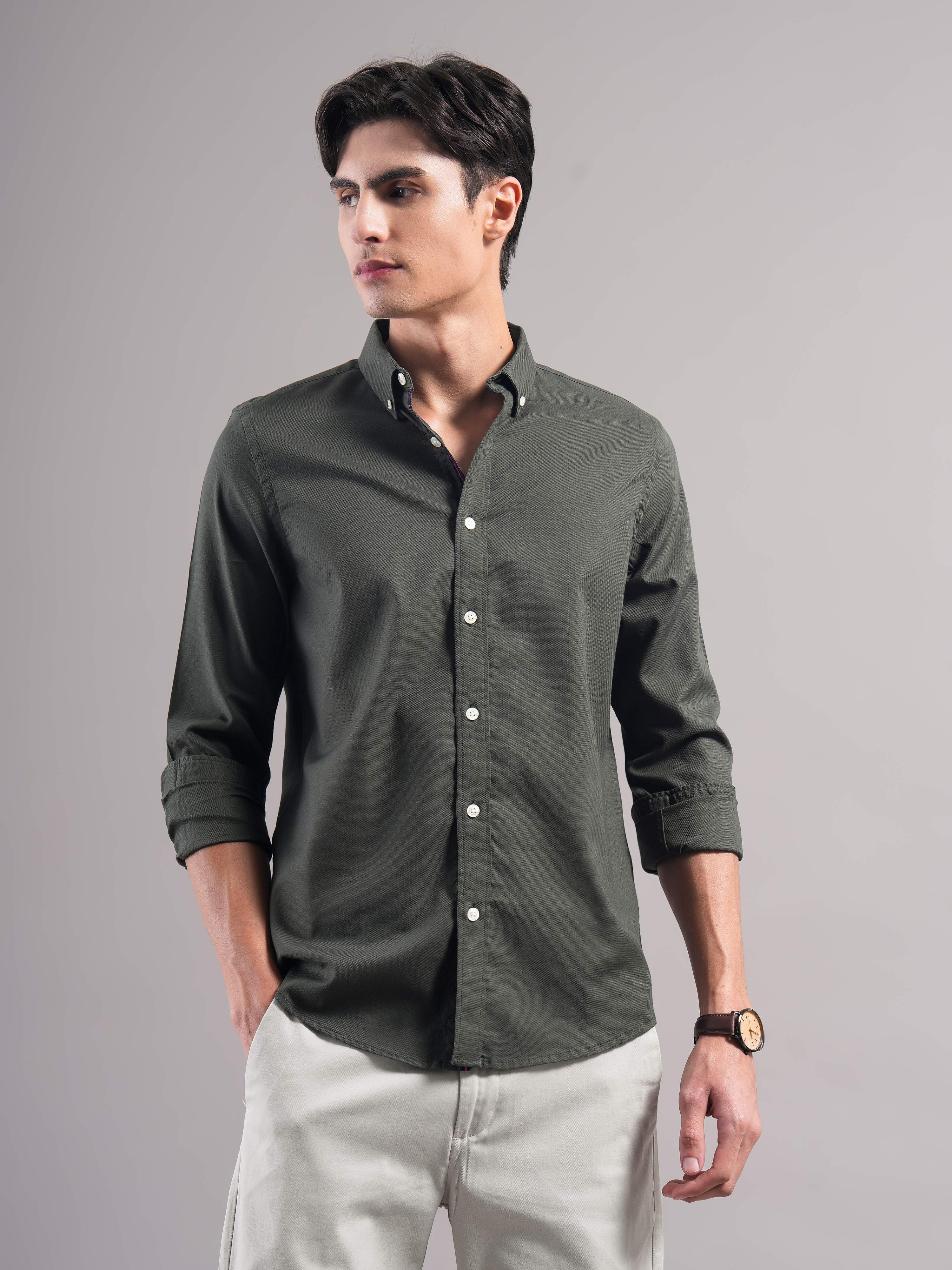 Men Olive Solid Casual Shirt - Image 7