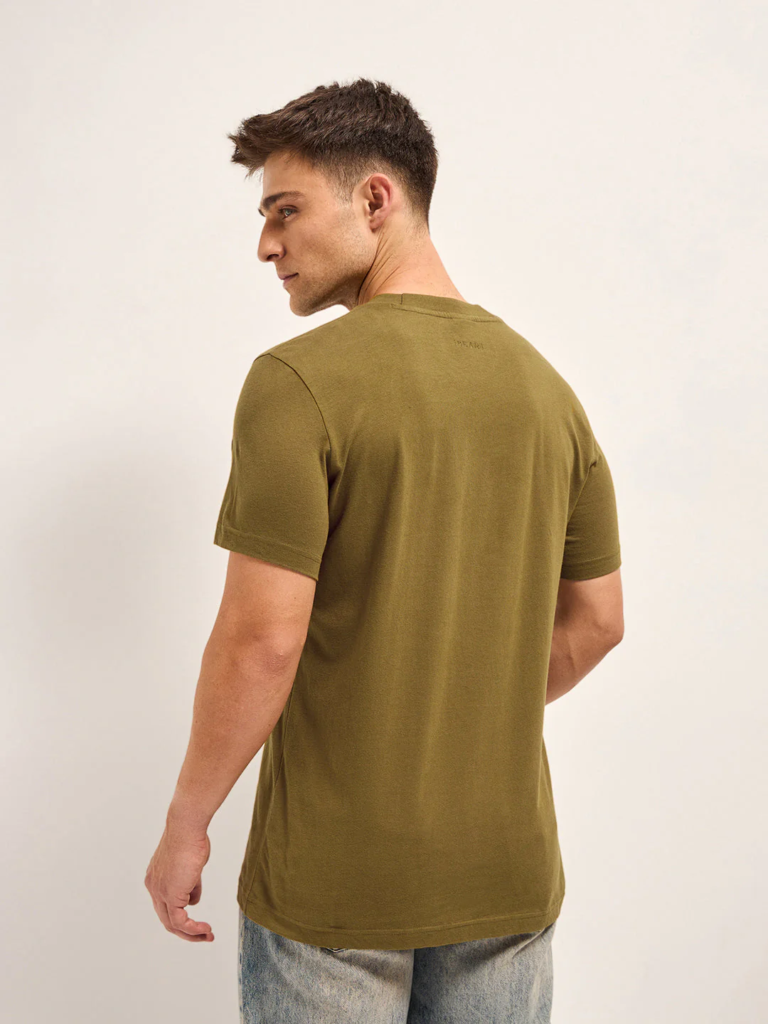 Men Olive Solid Crew Neck Regular Fit T-Shirt - Image 2