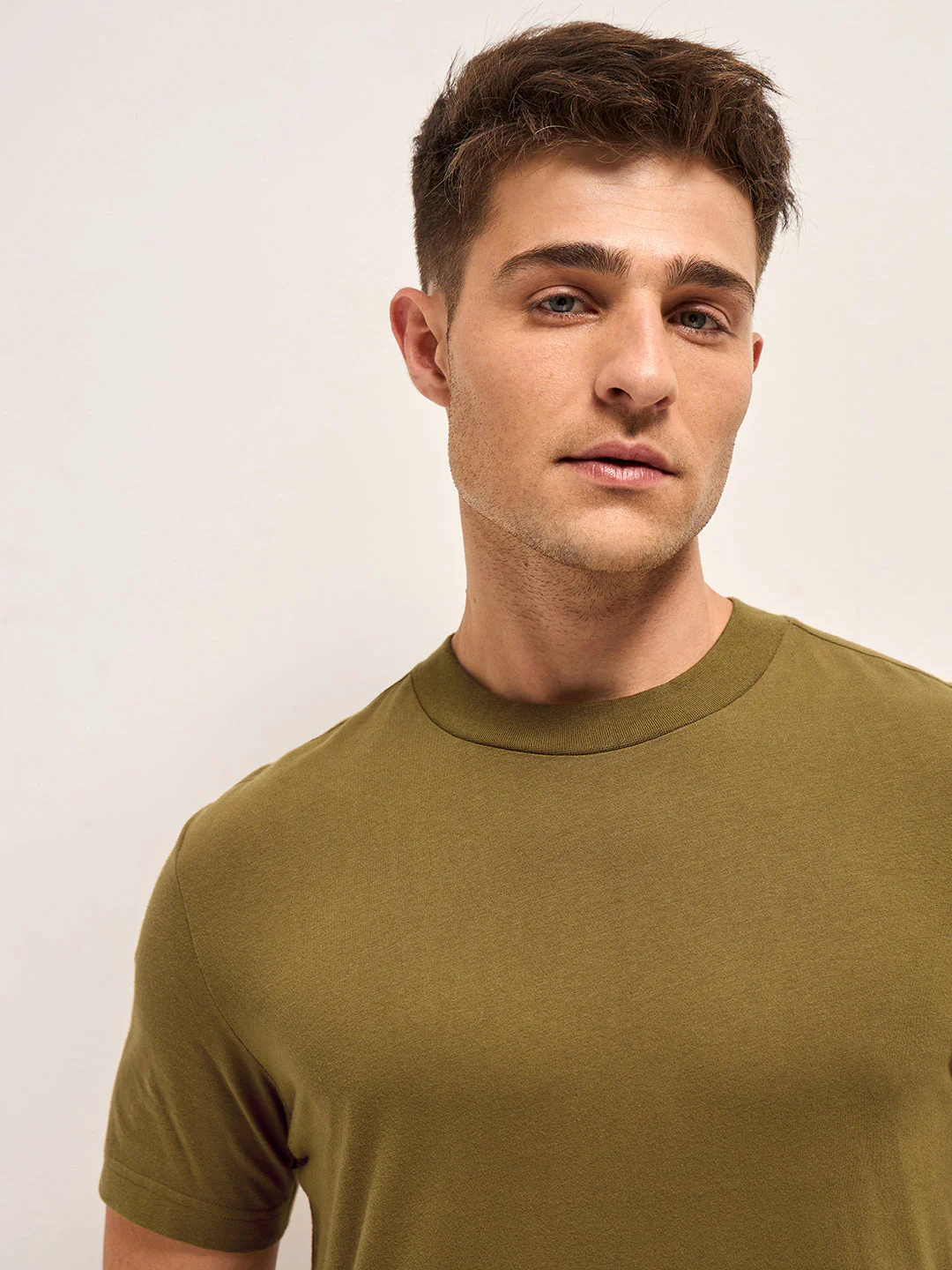 Men Olive Solid Crew Neck Regular Fit T-Shirt - Image 5