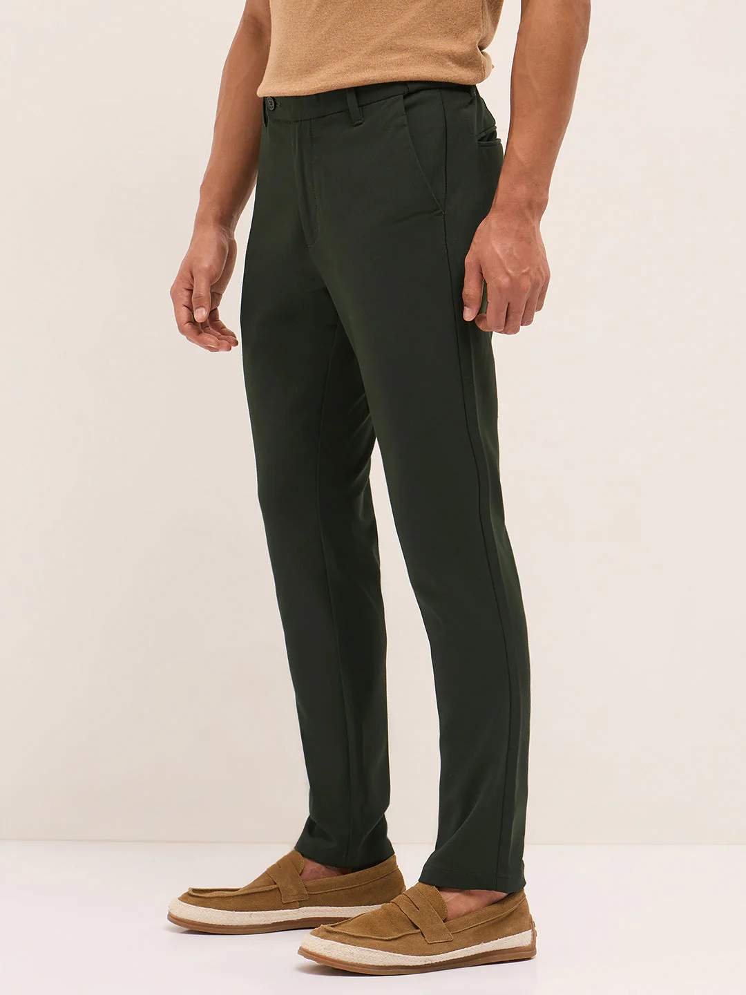 Men Olive Solid Polyester Blend Slim Fit Formal Trousers - Image 3