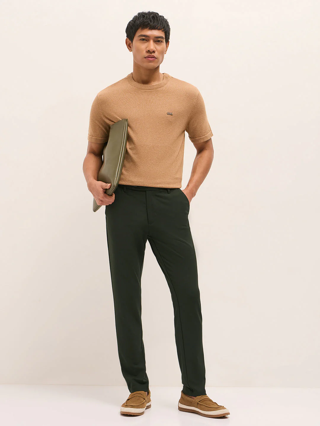 Men Olive Solid Polyester Blend Slim Fit Formal Trousers - Image 4
