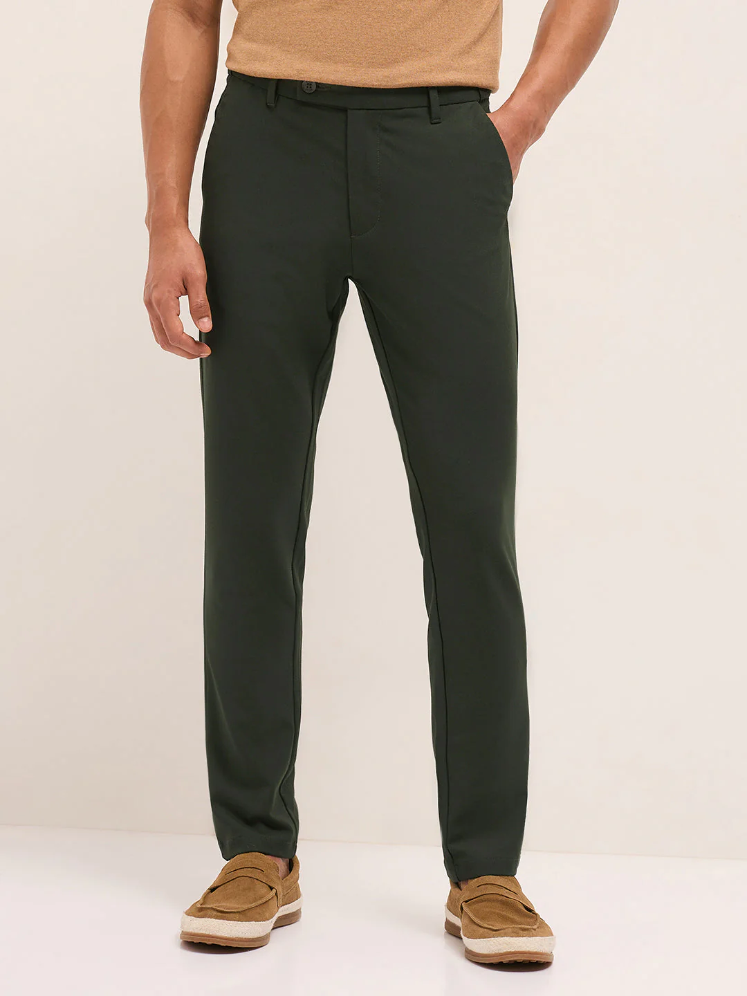 Men Olive Solid Polyester Blend Slim Fit Formal Trousers - Image 6